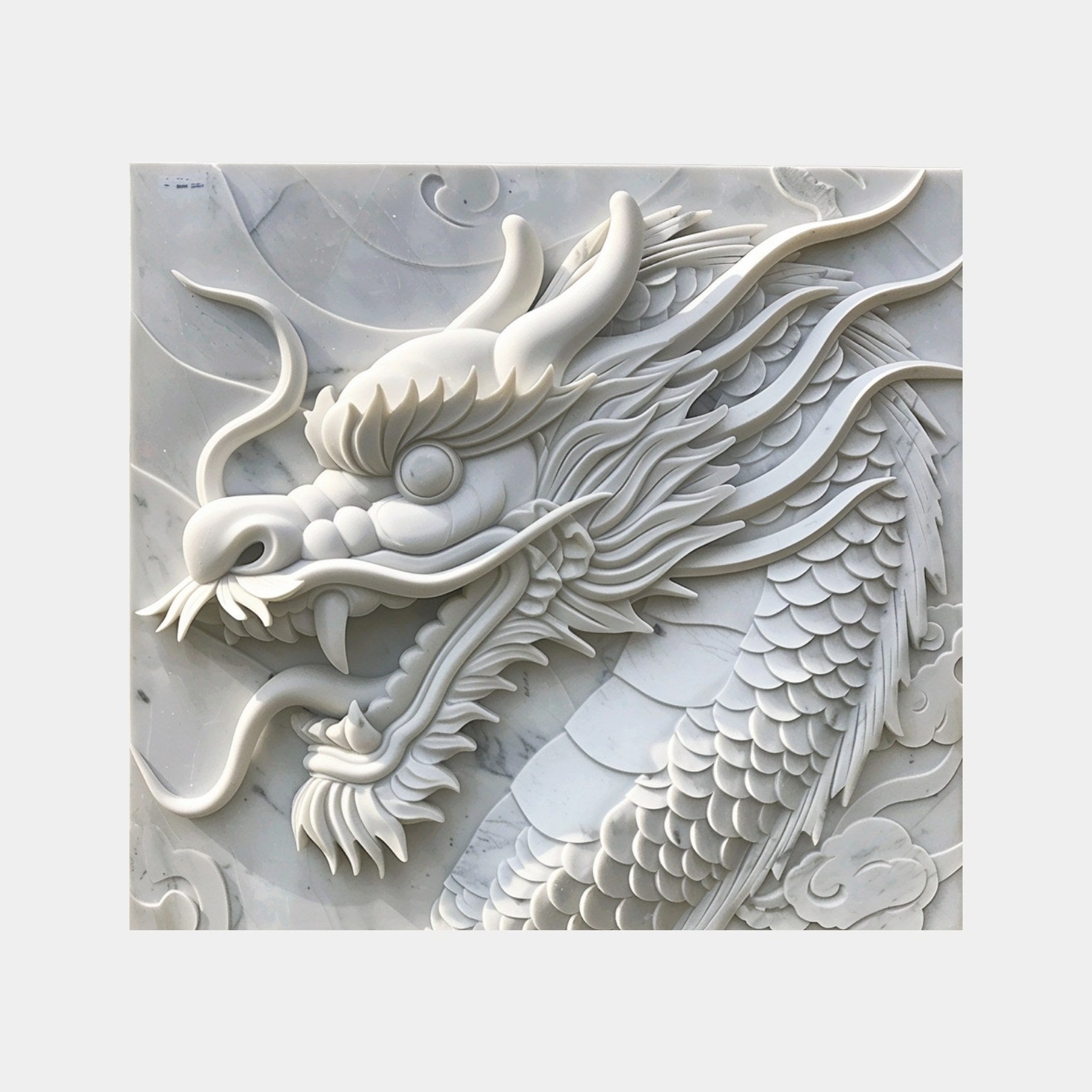 White marble relief panel 120cm wide with a close-cropped dragon head and cloud scrolls