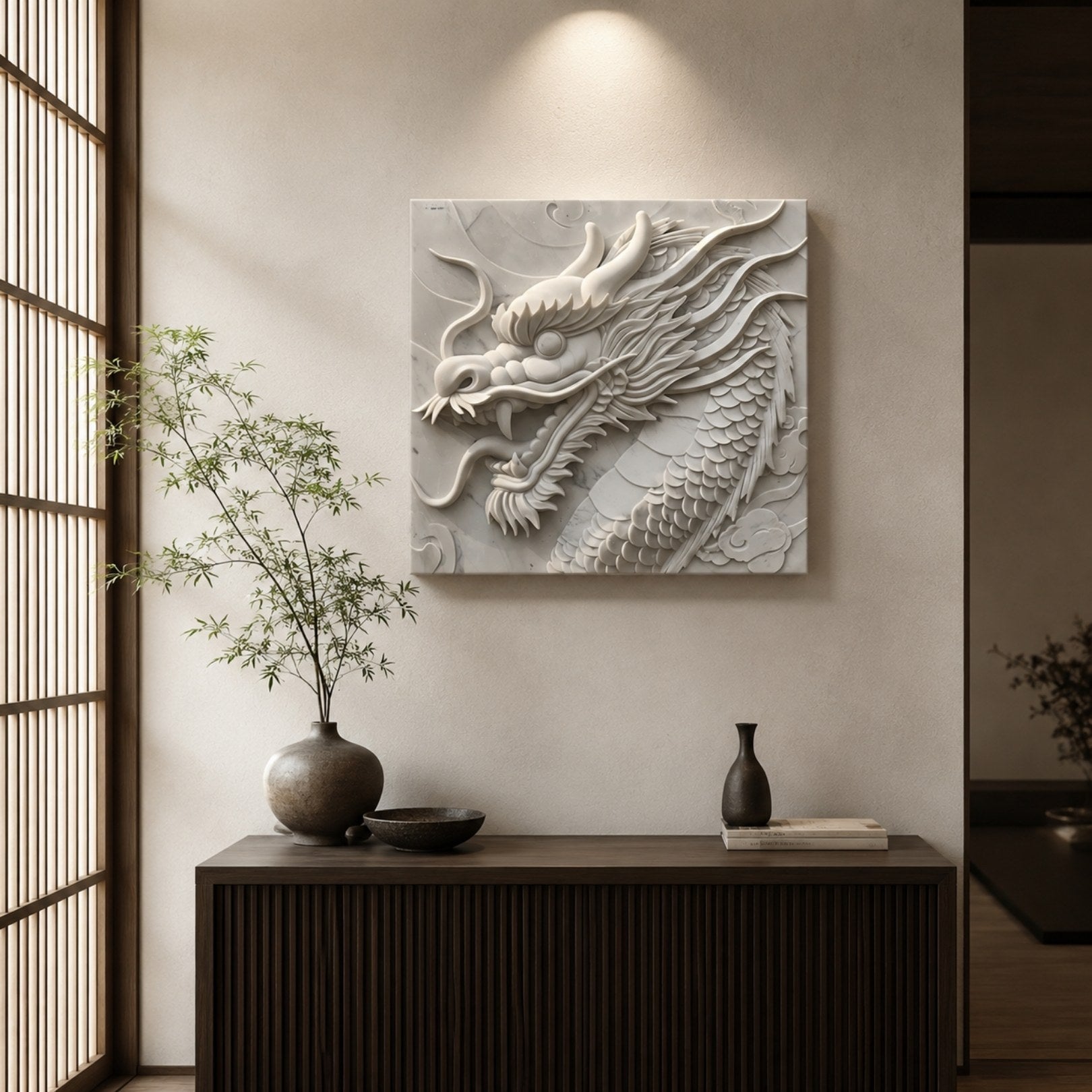 Close-cropped dragon head marble relief shown in a narrow wall alcove