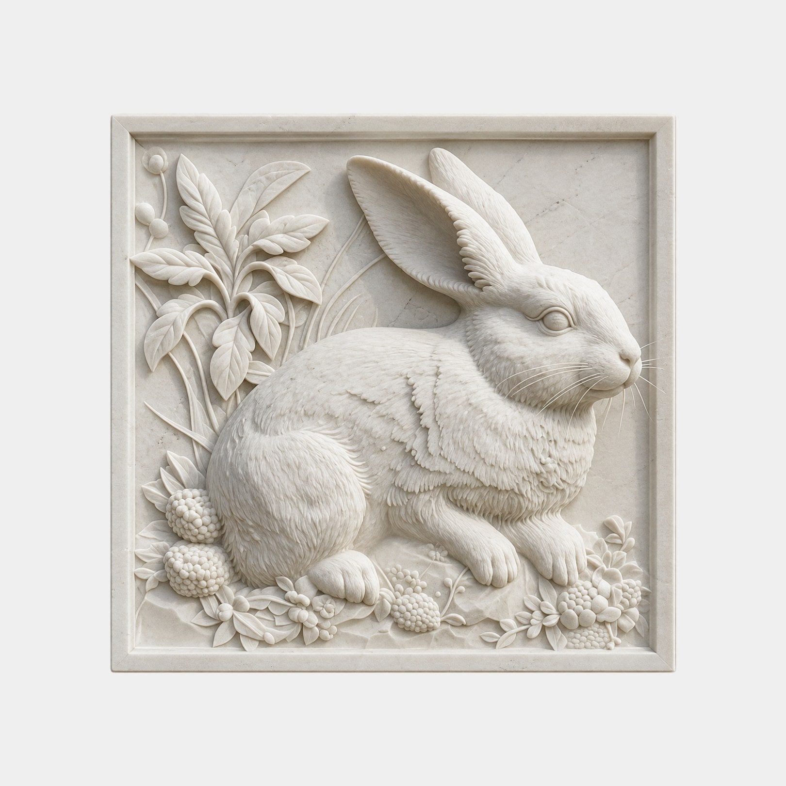 Marble relief panel 80cm with a hare crouched among foliage and blackberries