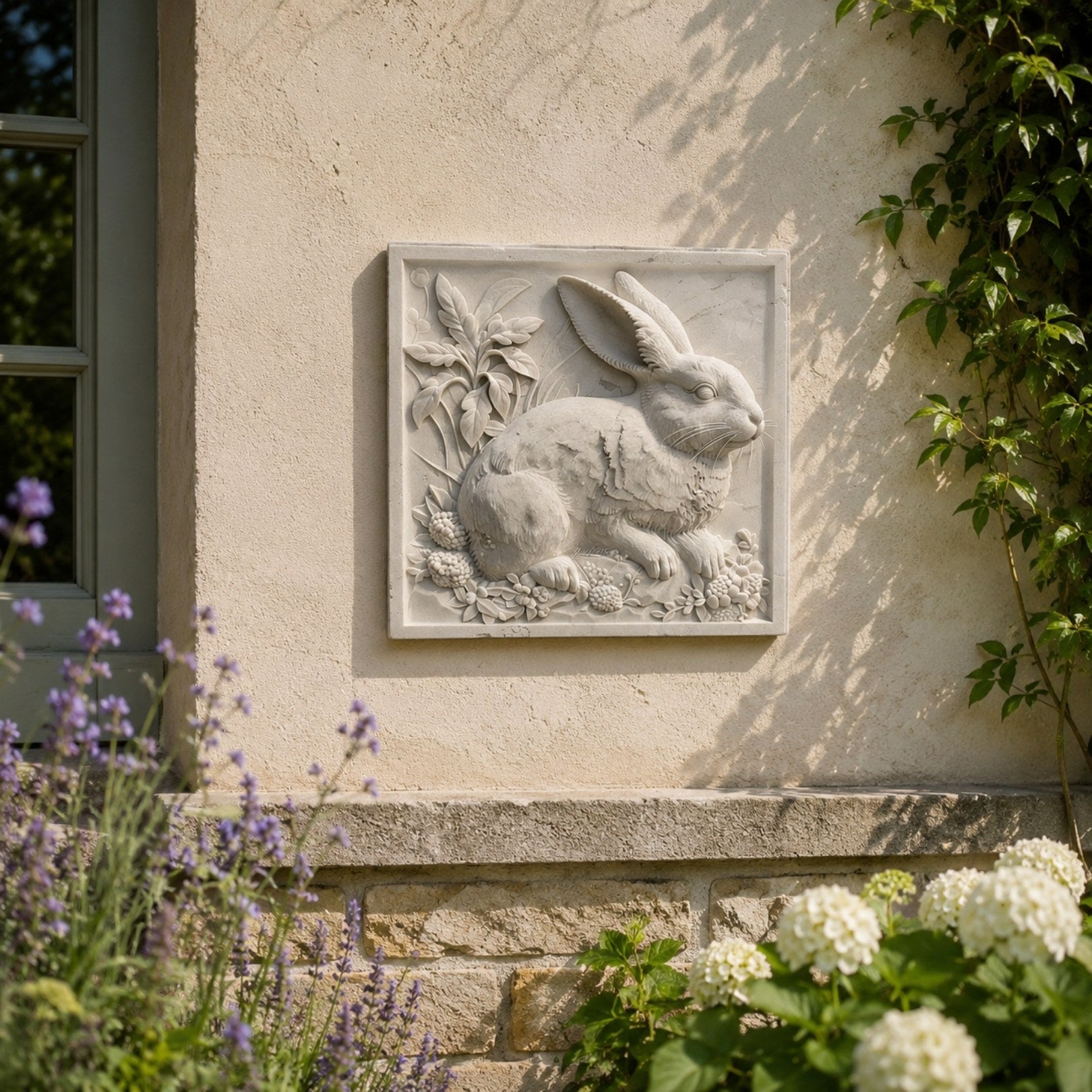 Hare and blackberries marble relief panel shown on a garden room wall