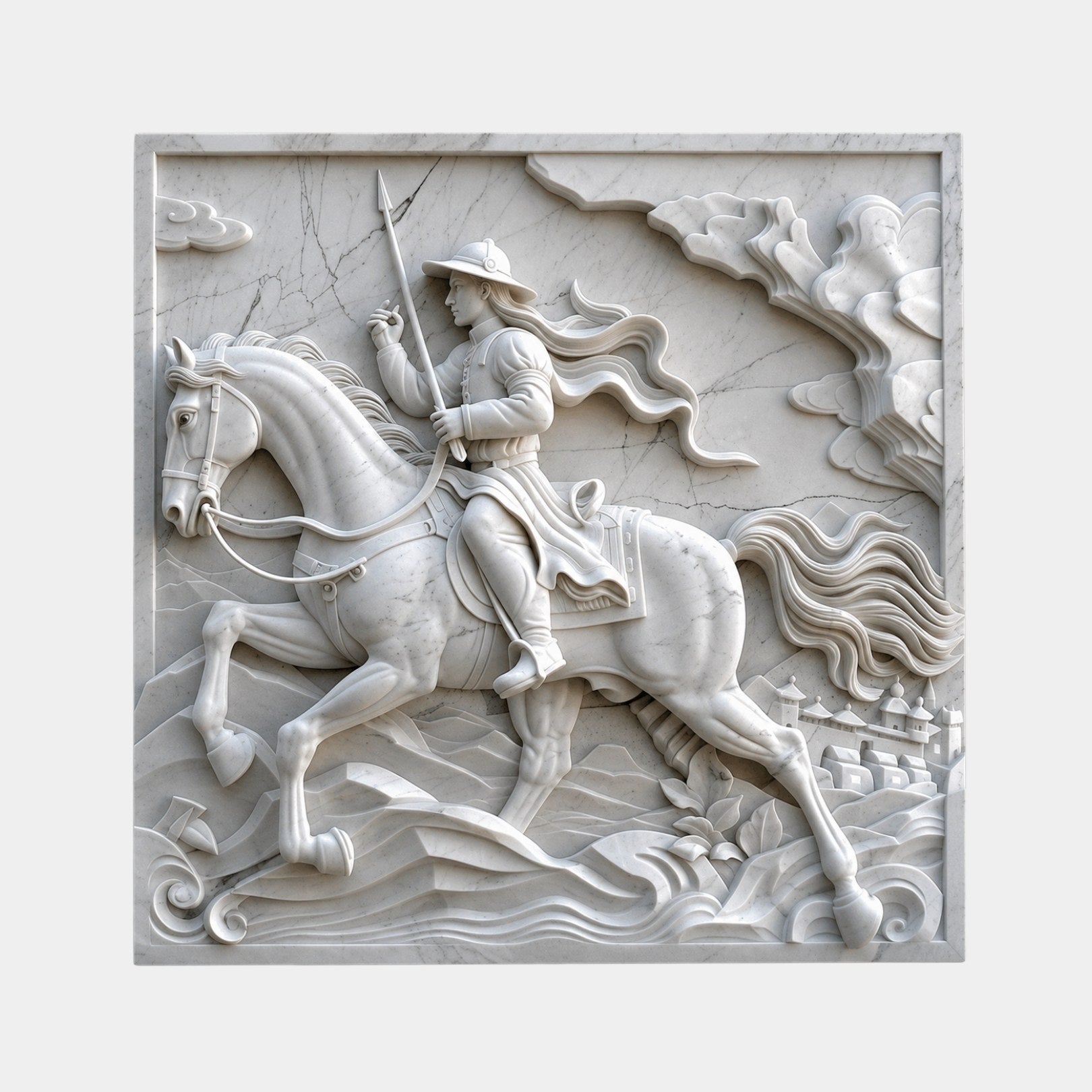 White marble relief 150cm with a mounted warrior, spear and a distant walled town
