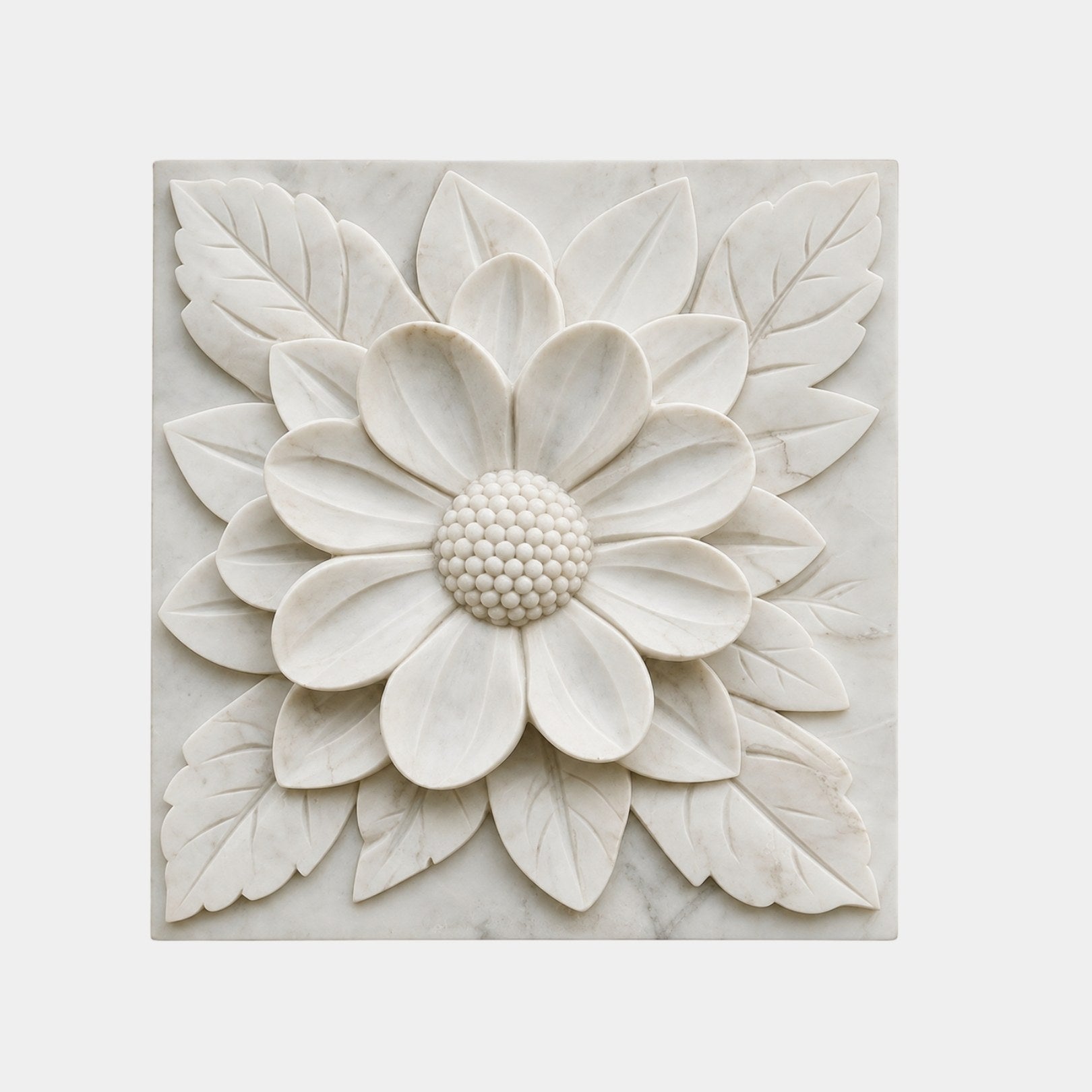 White marble relief slab 180cm with one large stylised bloom and a beaded centre