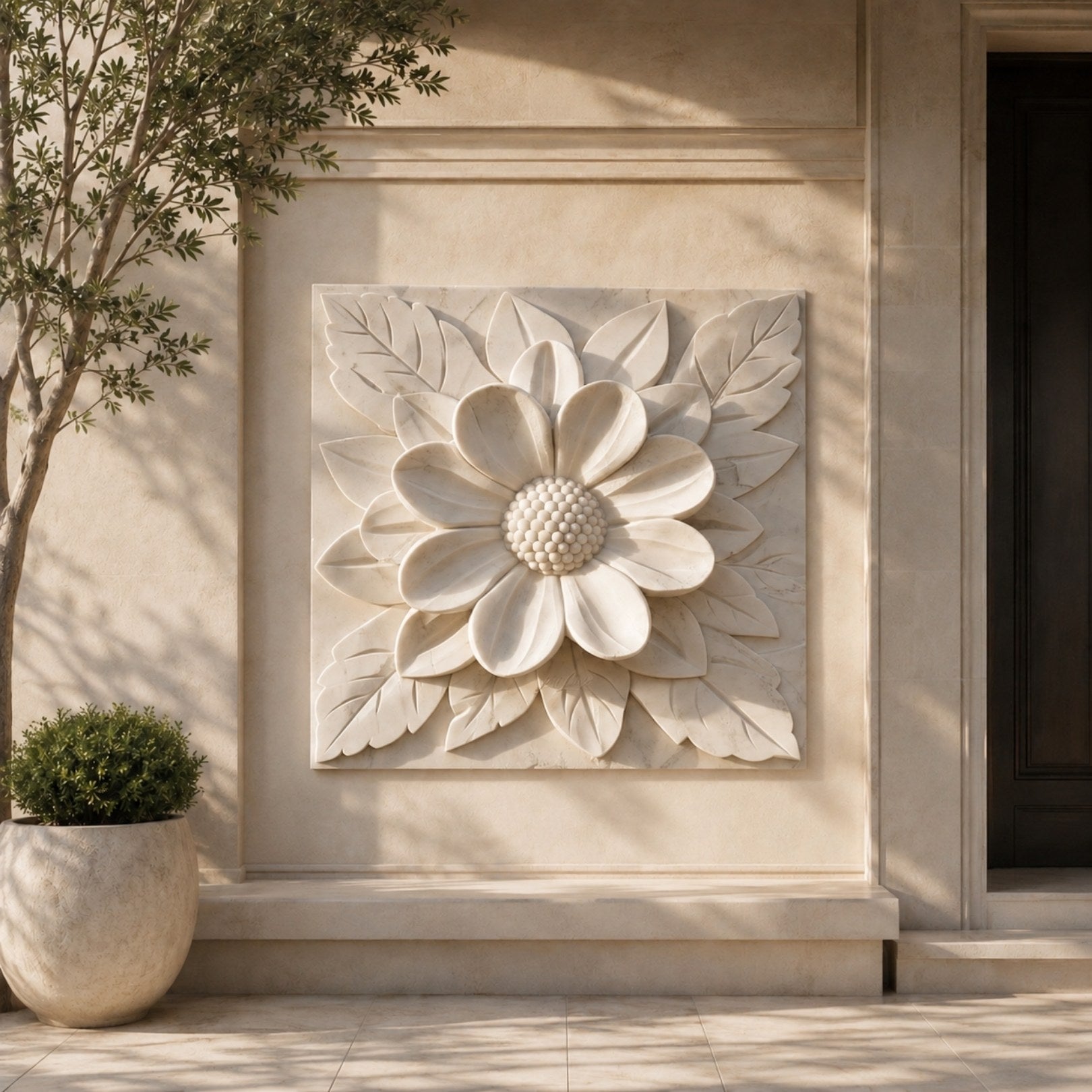 Single stylised bloom marble relief slab shown on a double-height hall wall