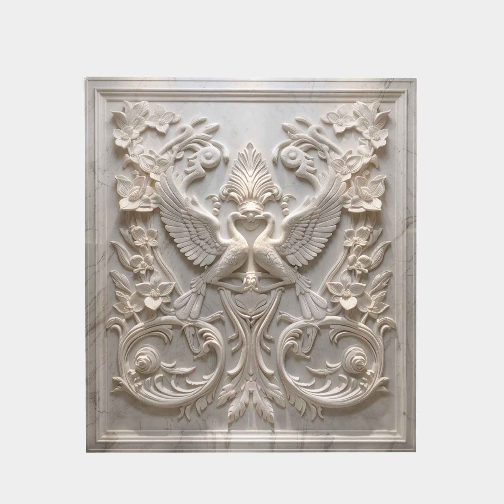 White marble relief 200cm with two confronting long-necked birds beneath a palmette