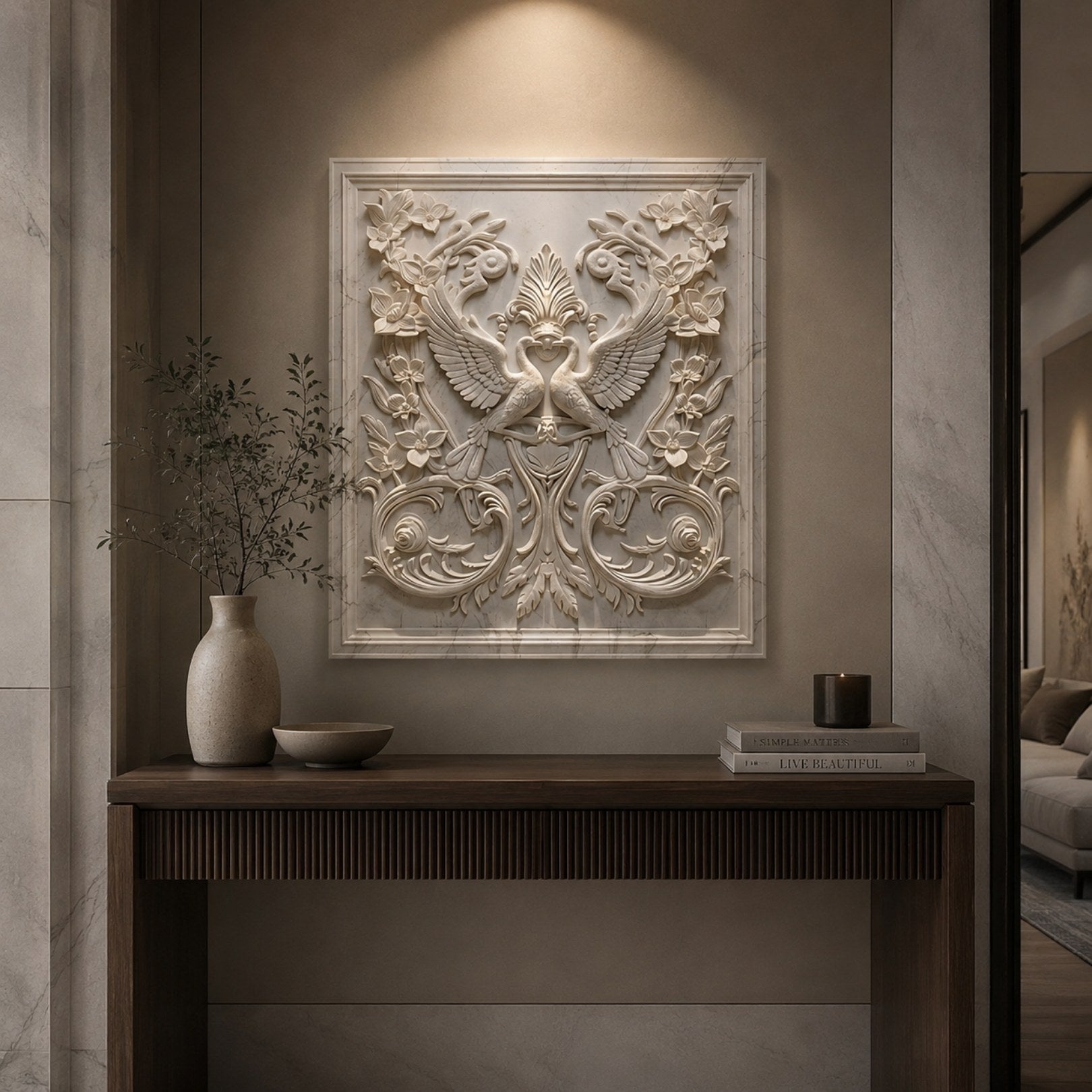 Confronting birds marble relief panel shown centred above a doorway