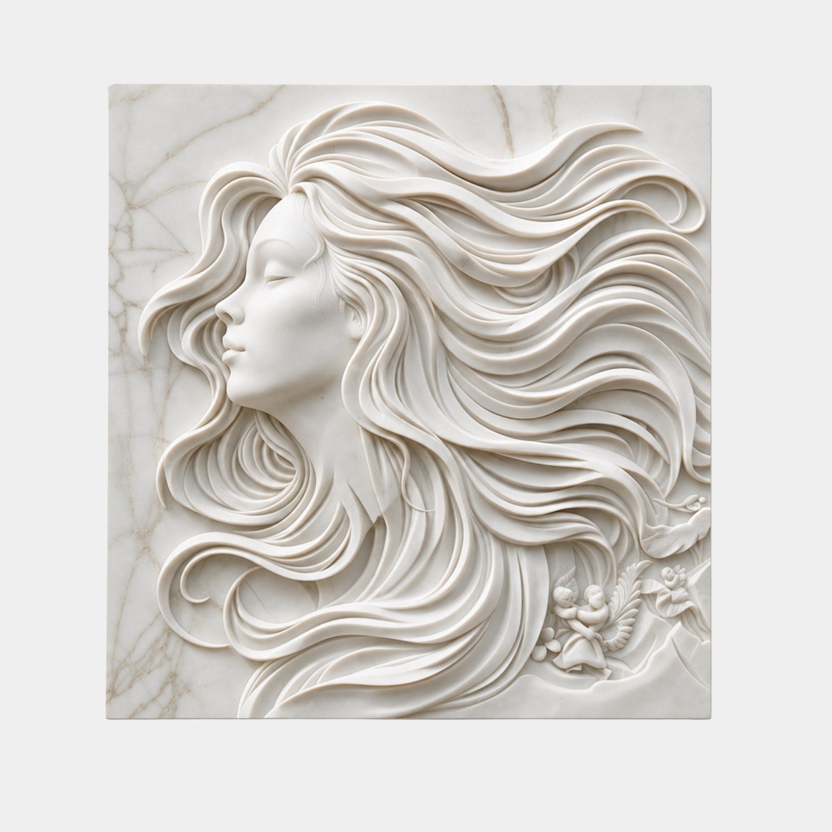 White marble relief slab 150cm with a profile head and vast flowing carved hair