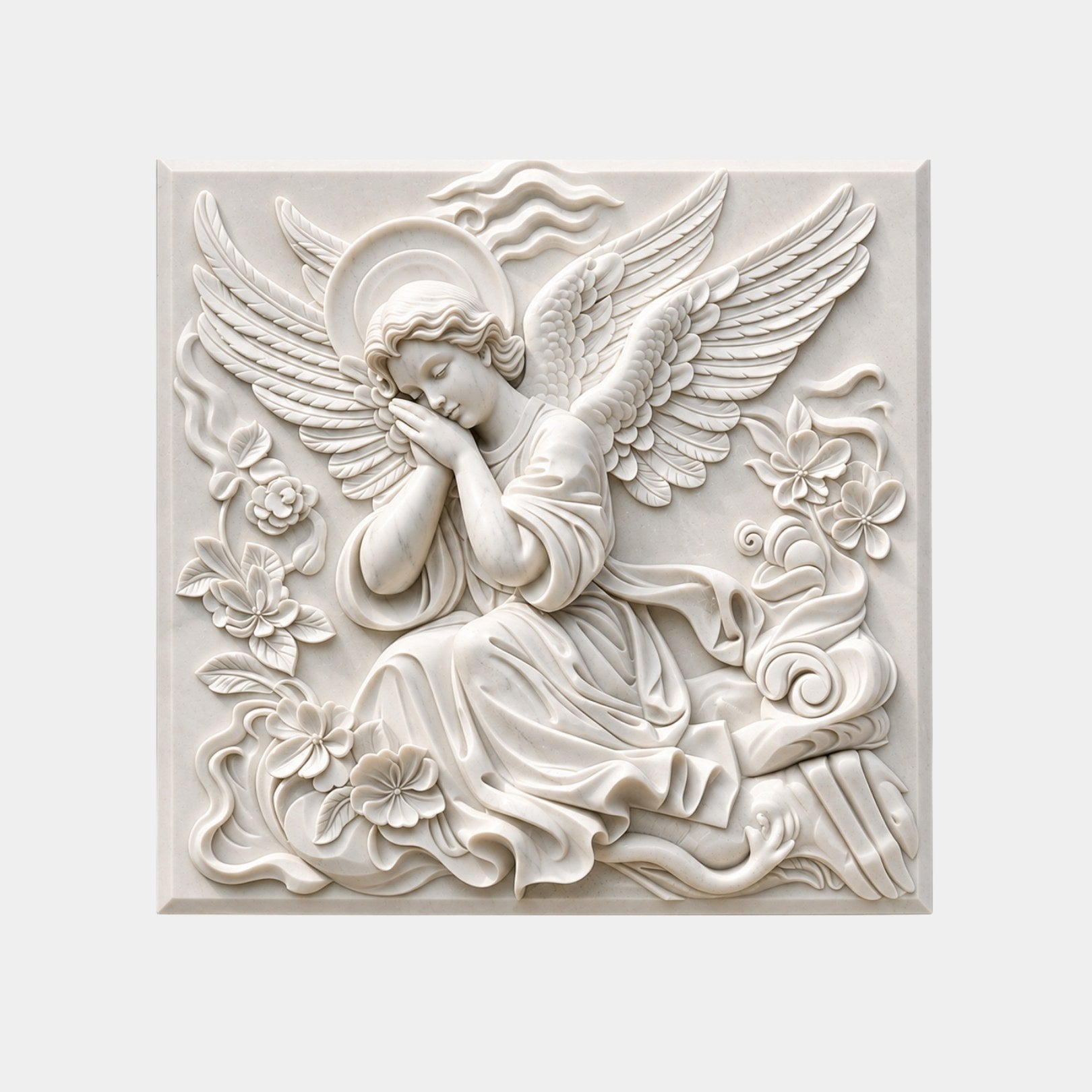 White marble relief slab 150cm with a sleeping angel, halo and three wing masses