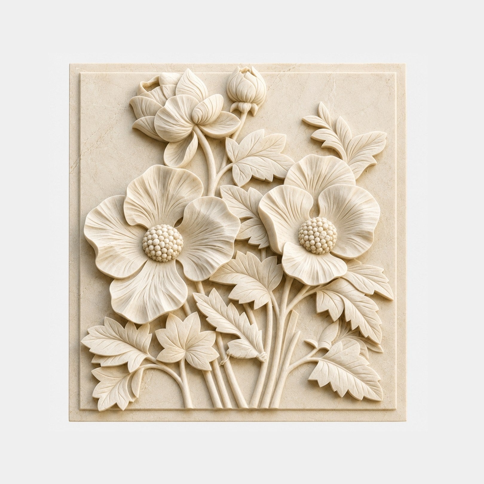 Cream marble relief panel 80cm with poppy-like blooms and lobed leaves