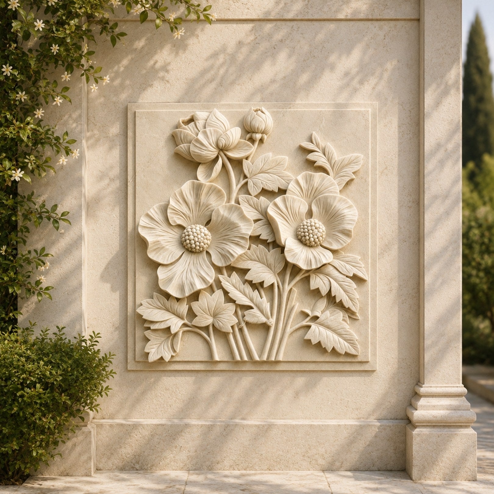 Poppy bloom cream marble relief panel shown between two hallway windows