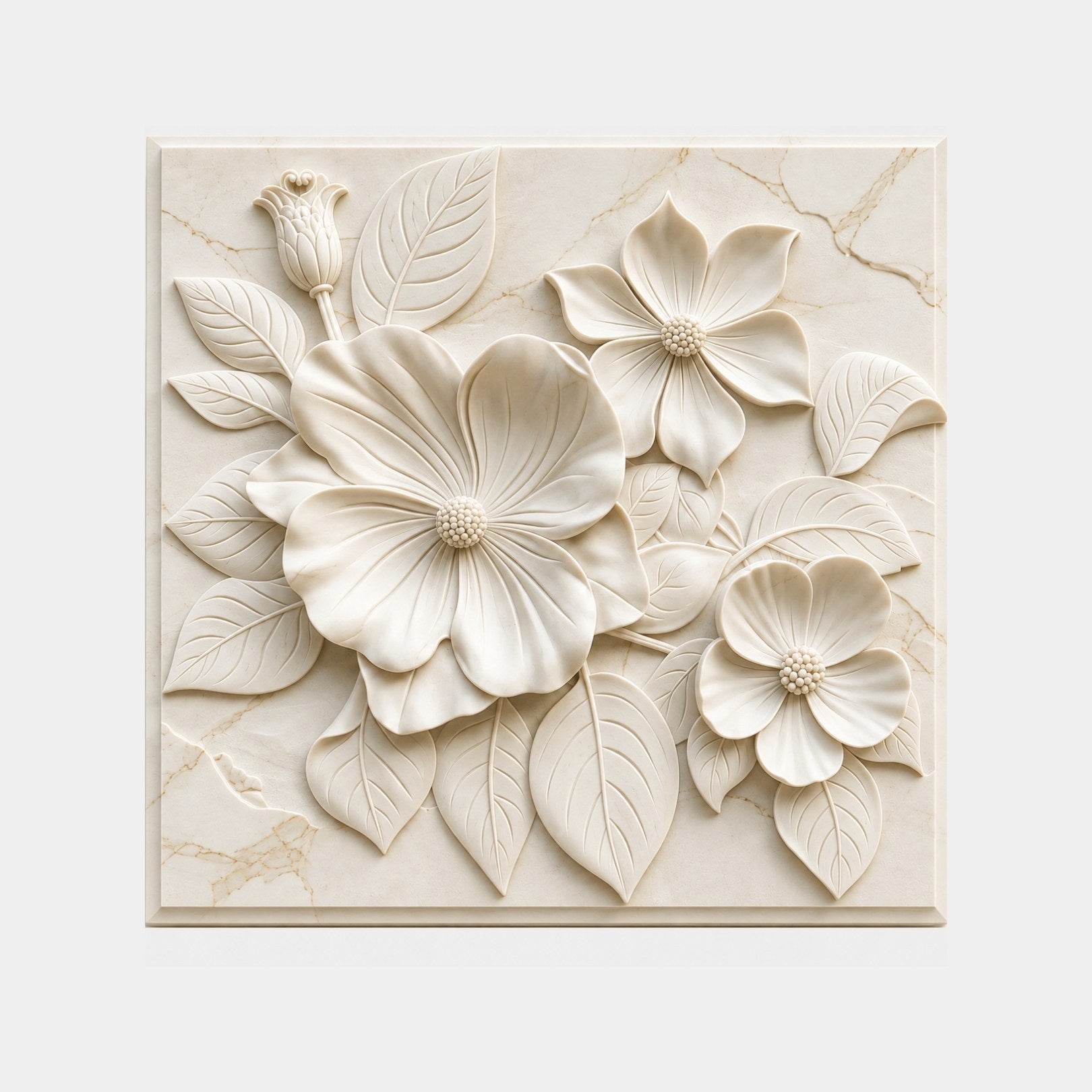 Cream marble relief slab 150cm with large open blooms and broad veined leaves
