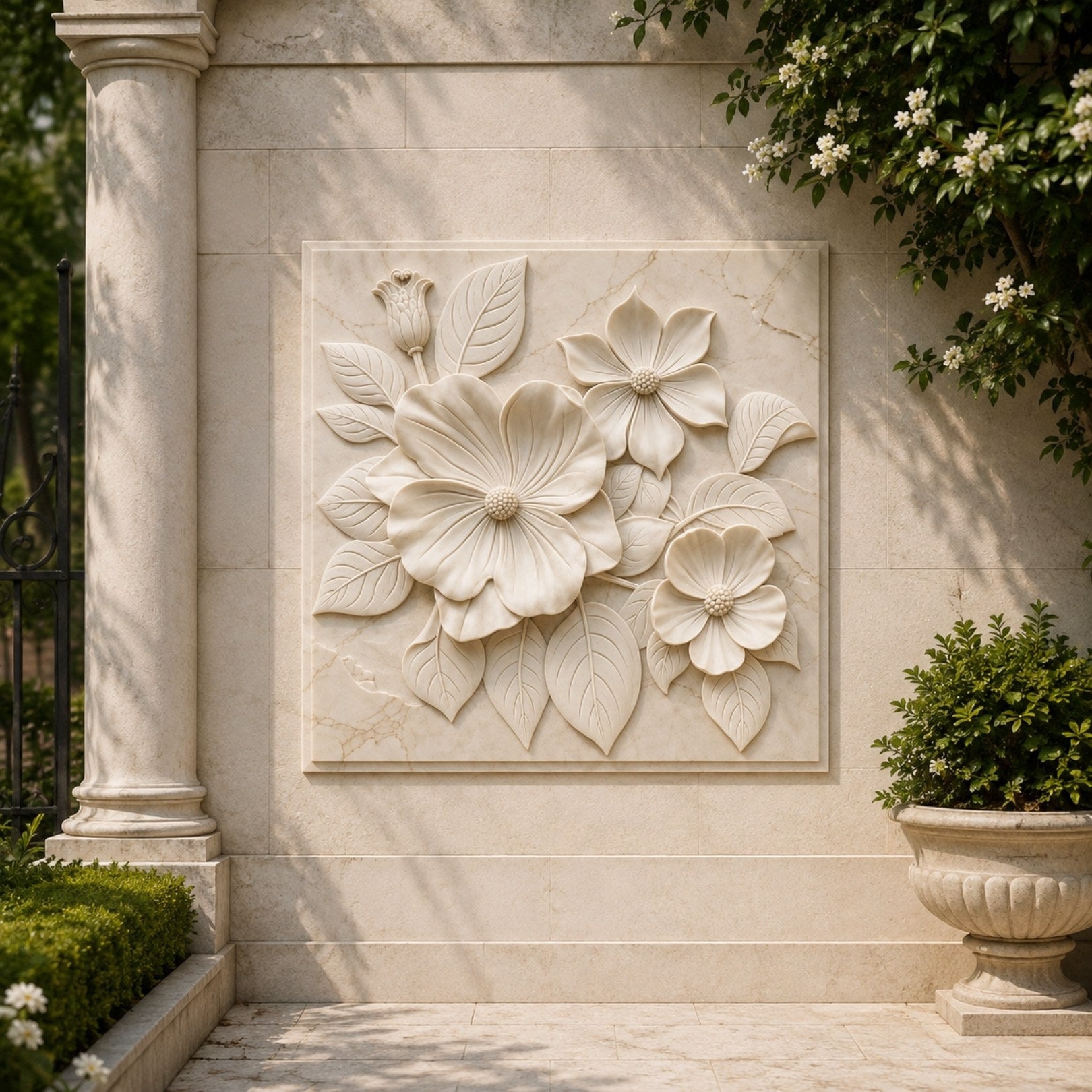 Open blooms cream marble relief slab shown on a farmhouse kitchen wall