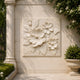 Open blooms cream marble relief slab shown on a farmhouse kitchen wall