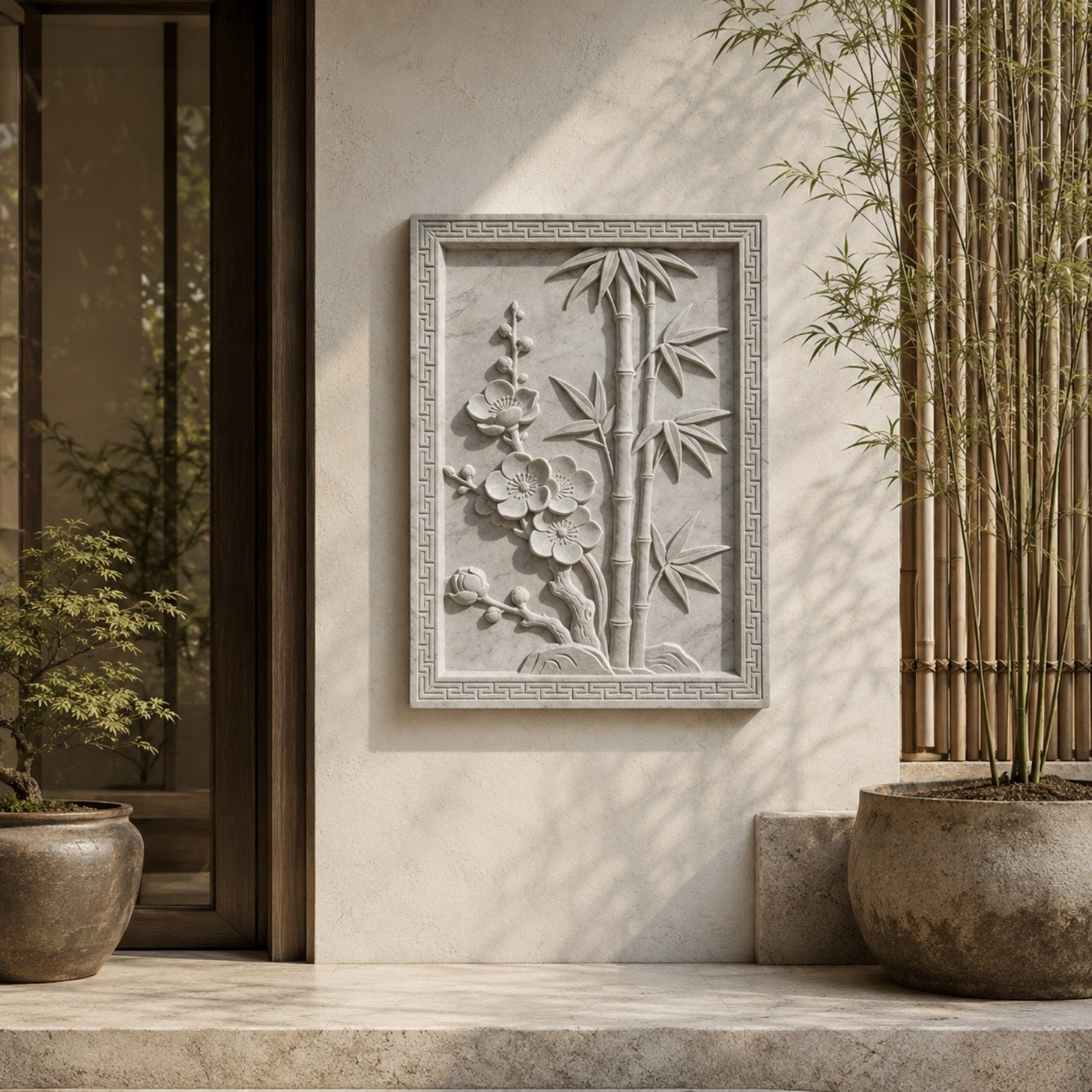 Plum blossom and bamboo marble relief shown on a tea room wall