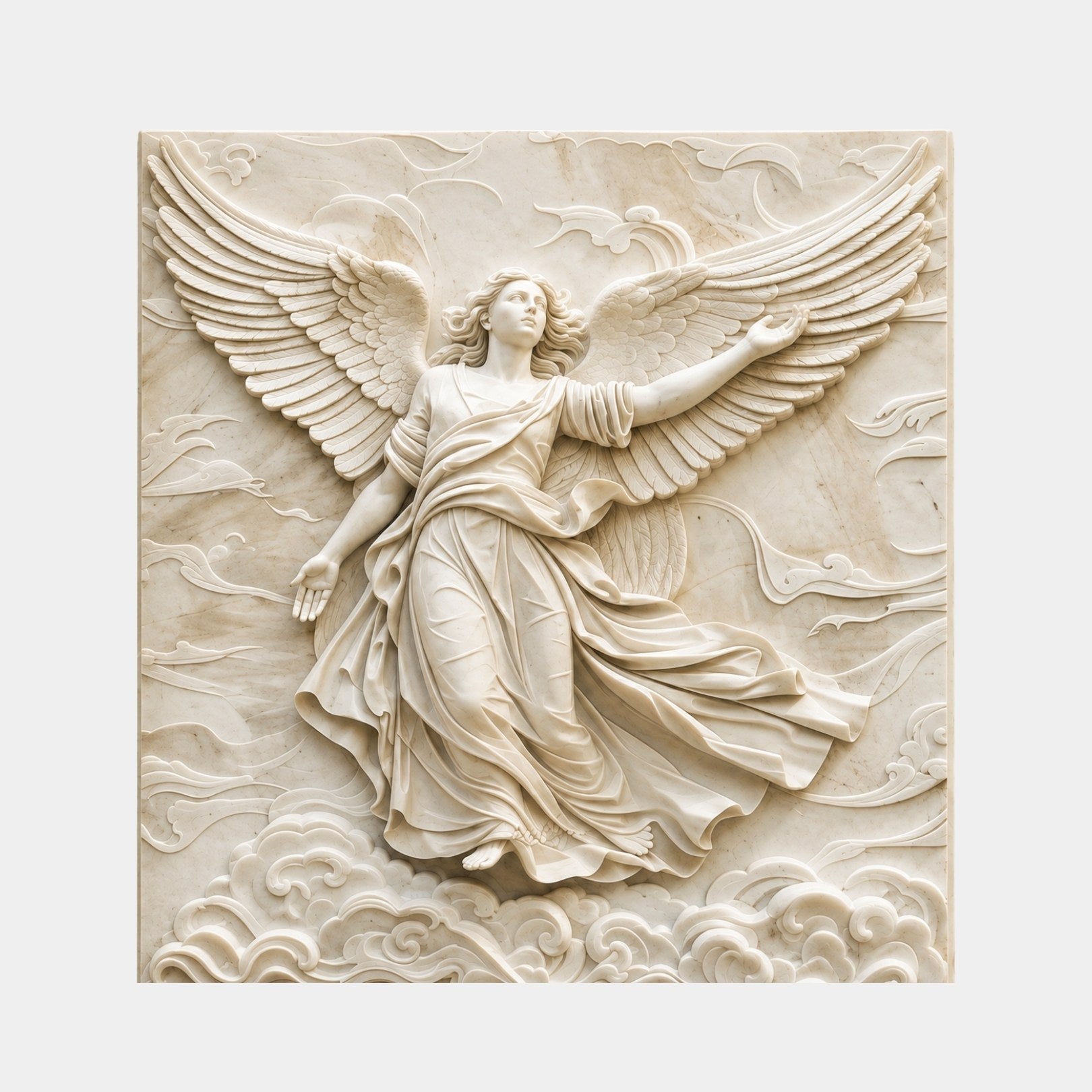 Cream marble relief slab 200cm with an ascending winged angel among cloud scrolls
