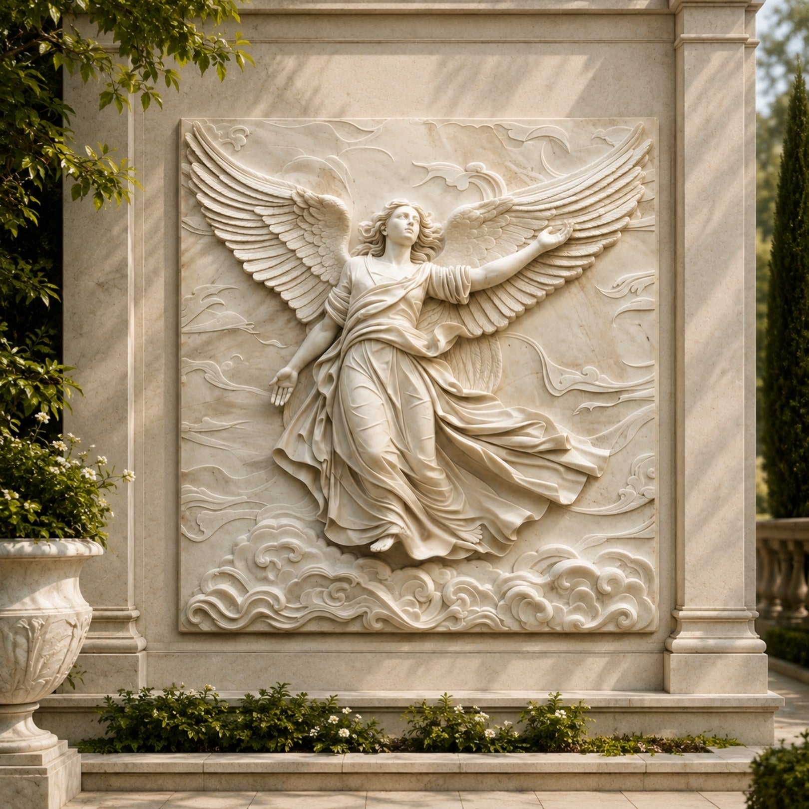 Ascending angel cream marble relief shown high on a stairwell wall