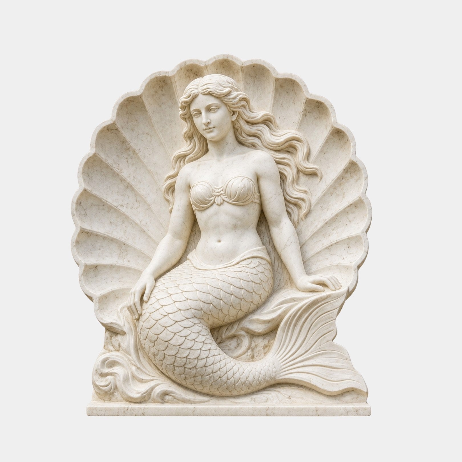 Cream marble relief panel 120cm with a mermaid seated against a fluted scallop shell