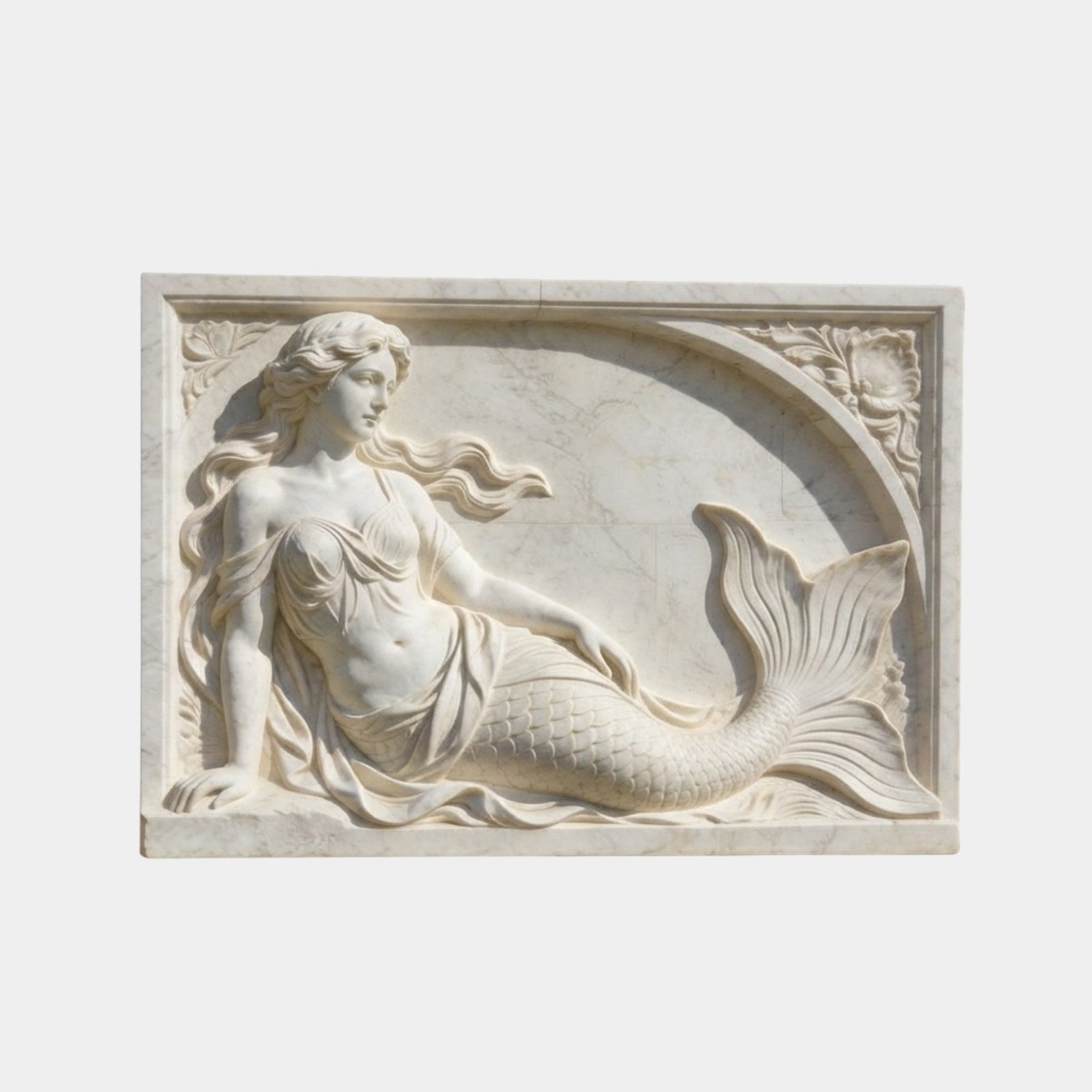 White marble relief panel 150cm with a reclining mermaid against a carved quarter-arch