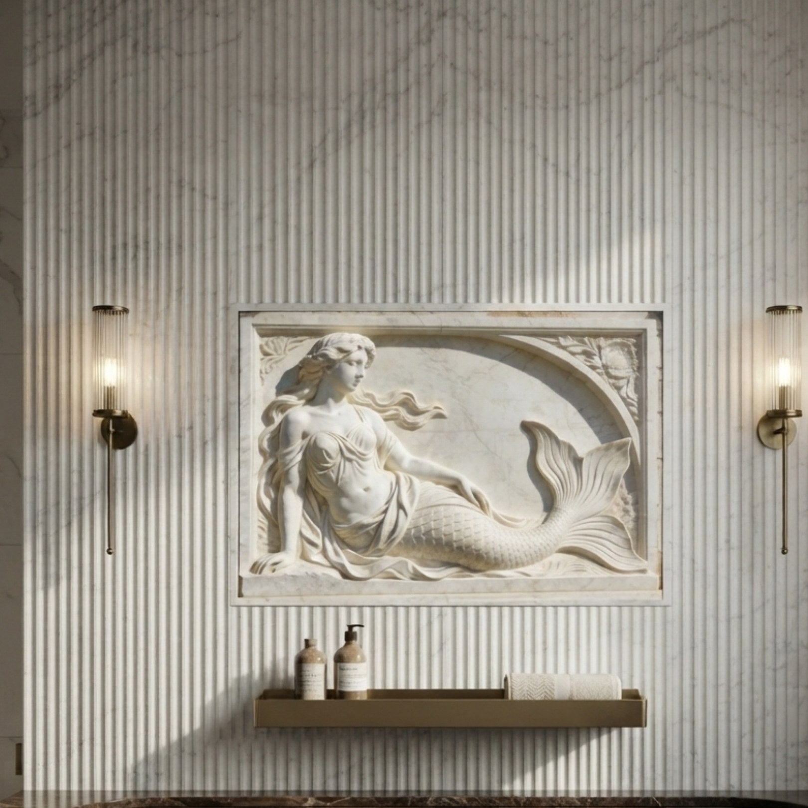 Reclining mermaid marble relief shown wall-mounted between two sconces
