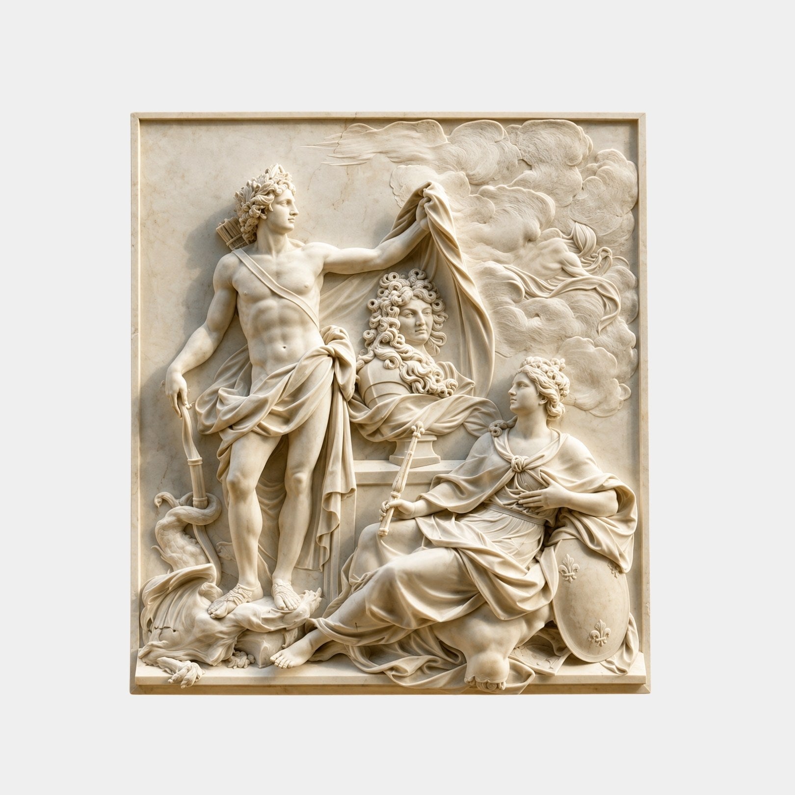 Cream marble Baroque relief 250cm with Apollo drawing a drape from a royal portrait bust
