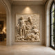 Baroque allegorical marble relief shown on a grand staircase wall