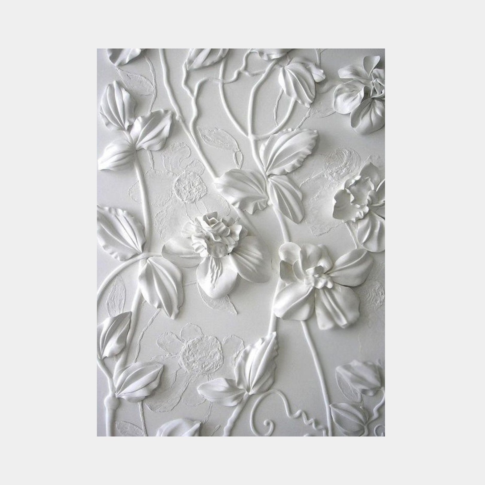 White marble botanical bas-relief 150cm with open flowers, leaves and trailing tendrils