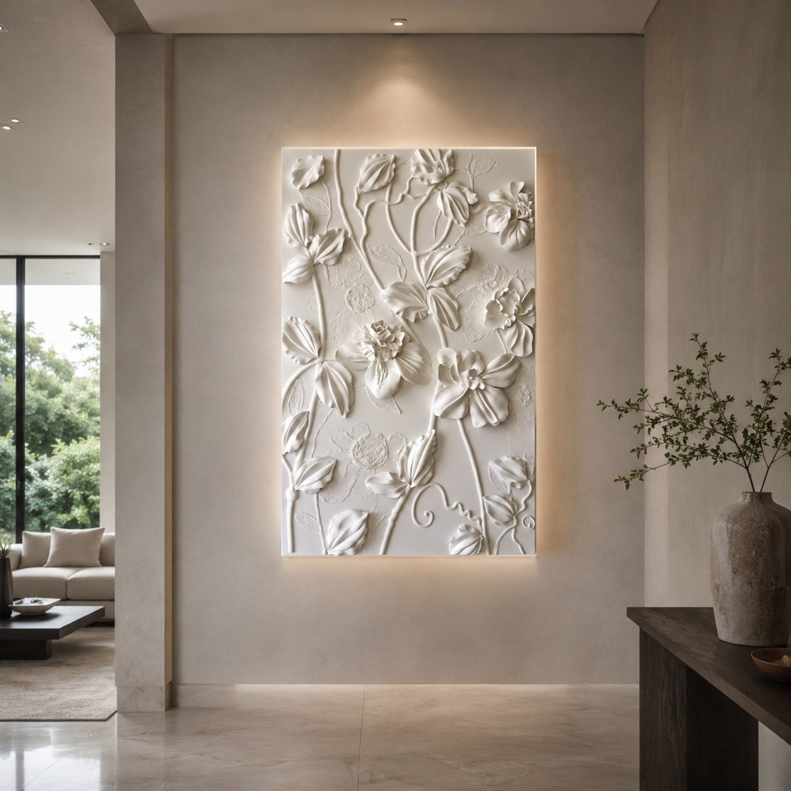 Botanical marble bas-relief panel shown along a long hallway wall