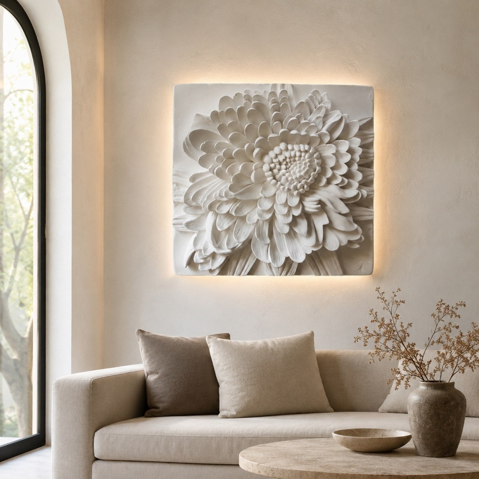The chrysanthemum relief above a sofa in a plastered living room