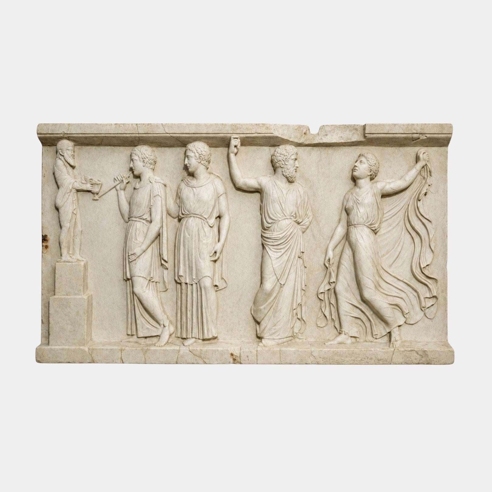 White marble frieze panel 80cm with five draped figures carved in procession