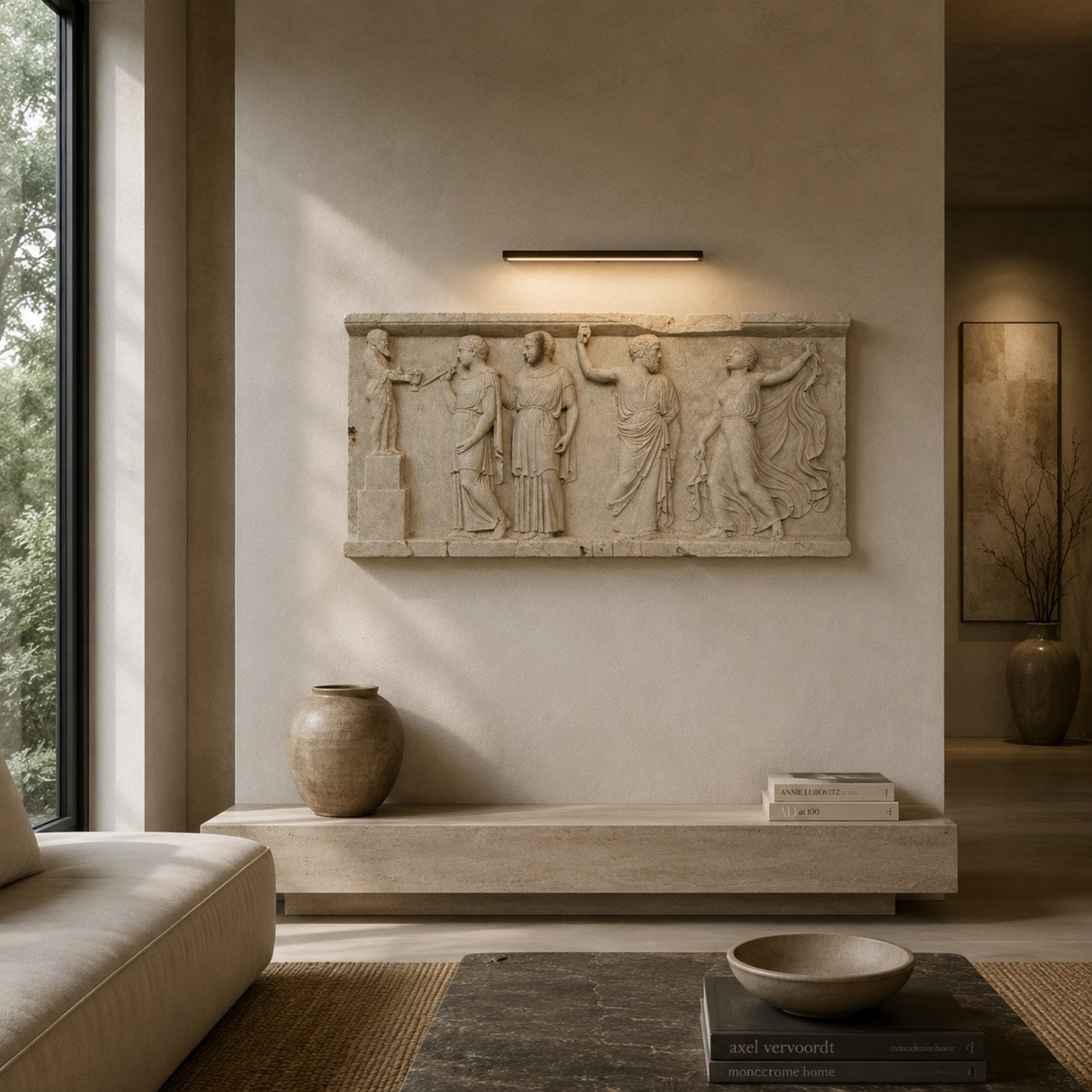 Marble processional frieze shown wall-mounted above a stone bench
