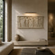 Marble processional frieze shown wall-mounted above a stone bench