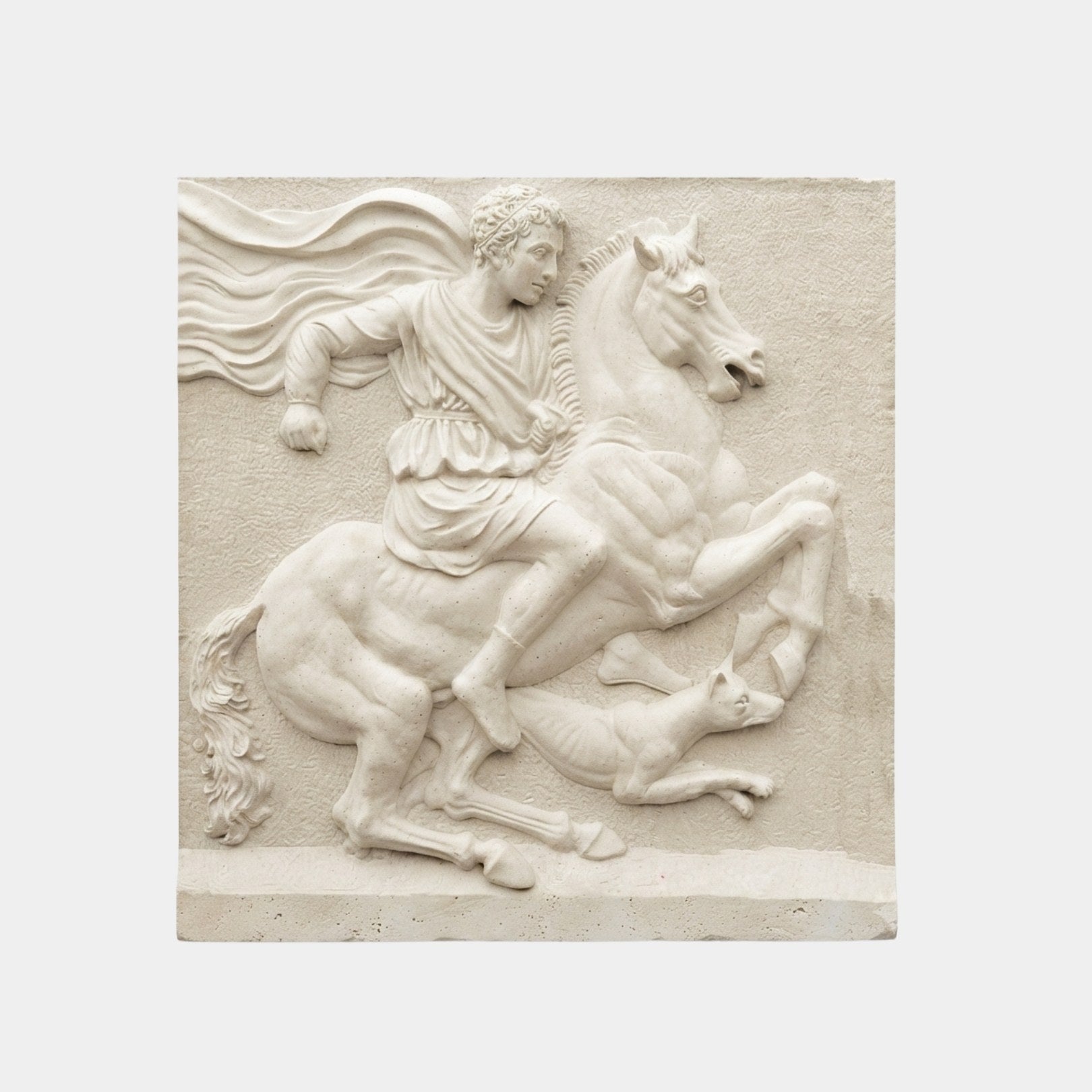 Cream stone relief panel 150cm with a youth on a rearing horse and a hound below