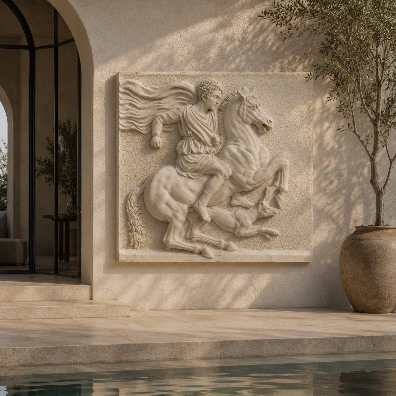 Classical horseman stone relief panel shown on a country hallway wall