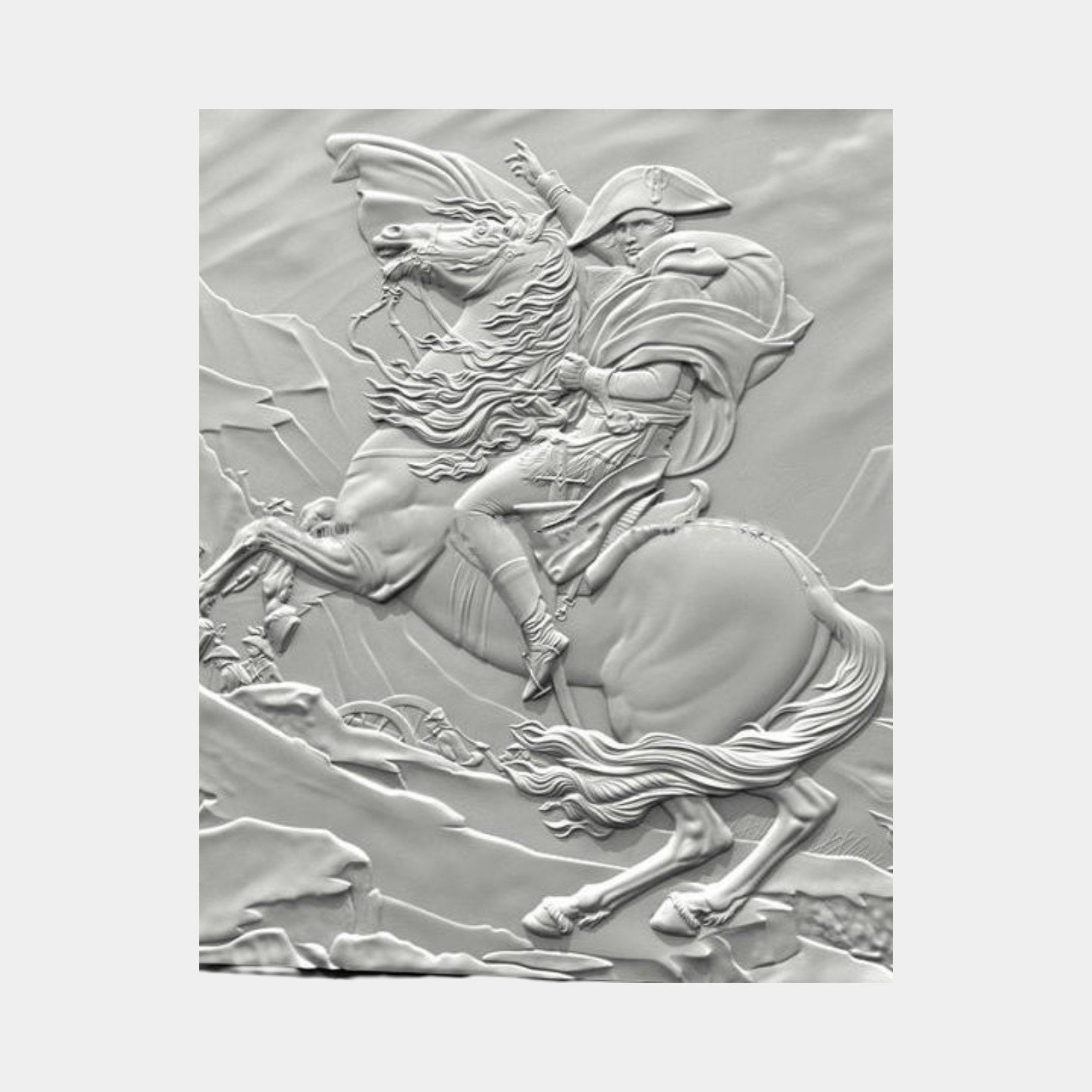 White marble relief panel 180cm with a cloaked rider on a rearing horse