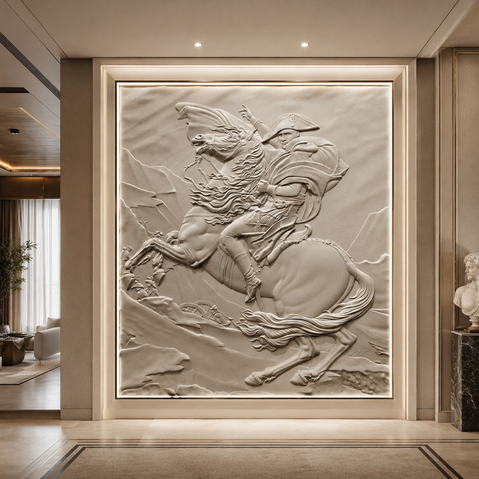 Marble rider and rearing horse relief shown wall-mounted in a lit recess