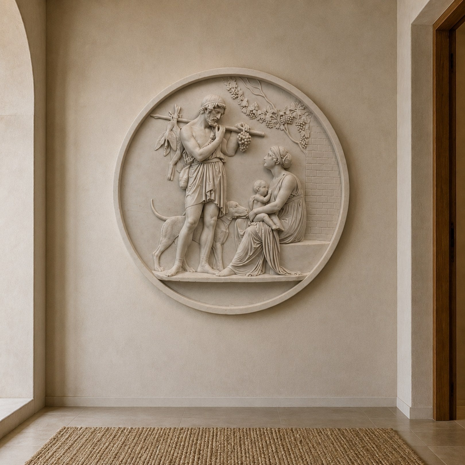 The harvest roundel mounted on a plastered hallway wall beside an arch