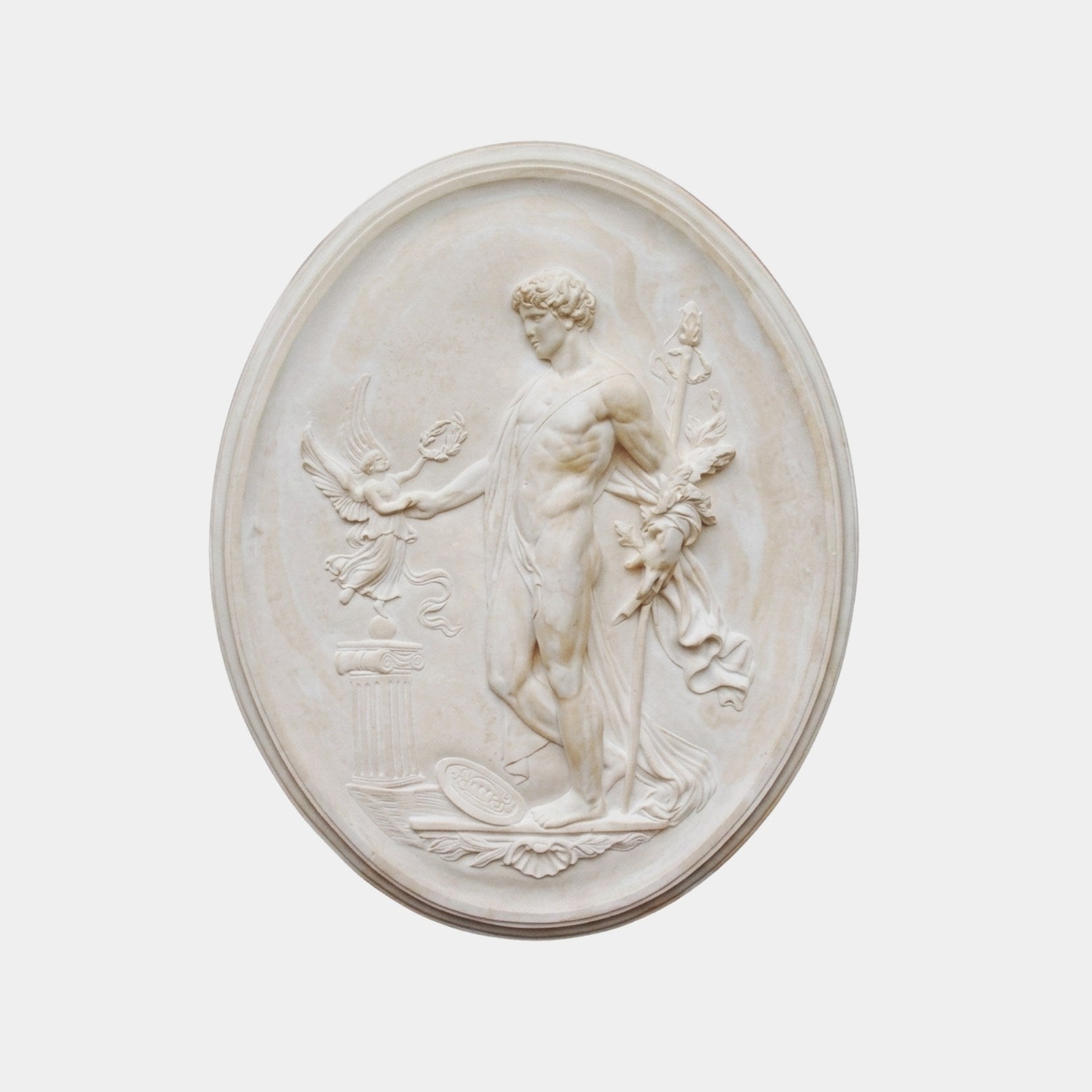 White marble oval relief 120cm with a standing figure and a winged victory on a column