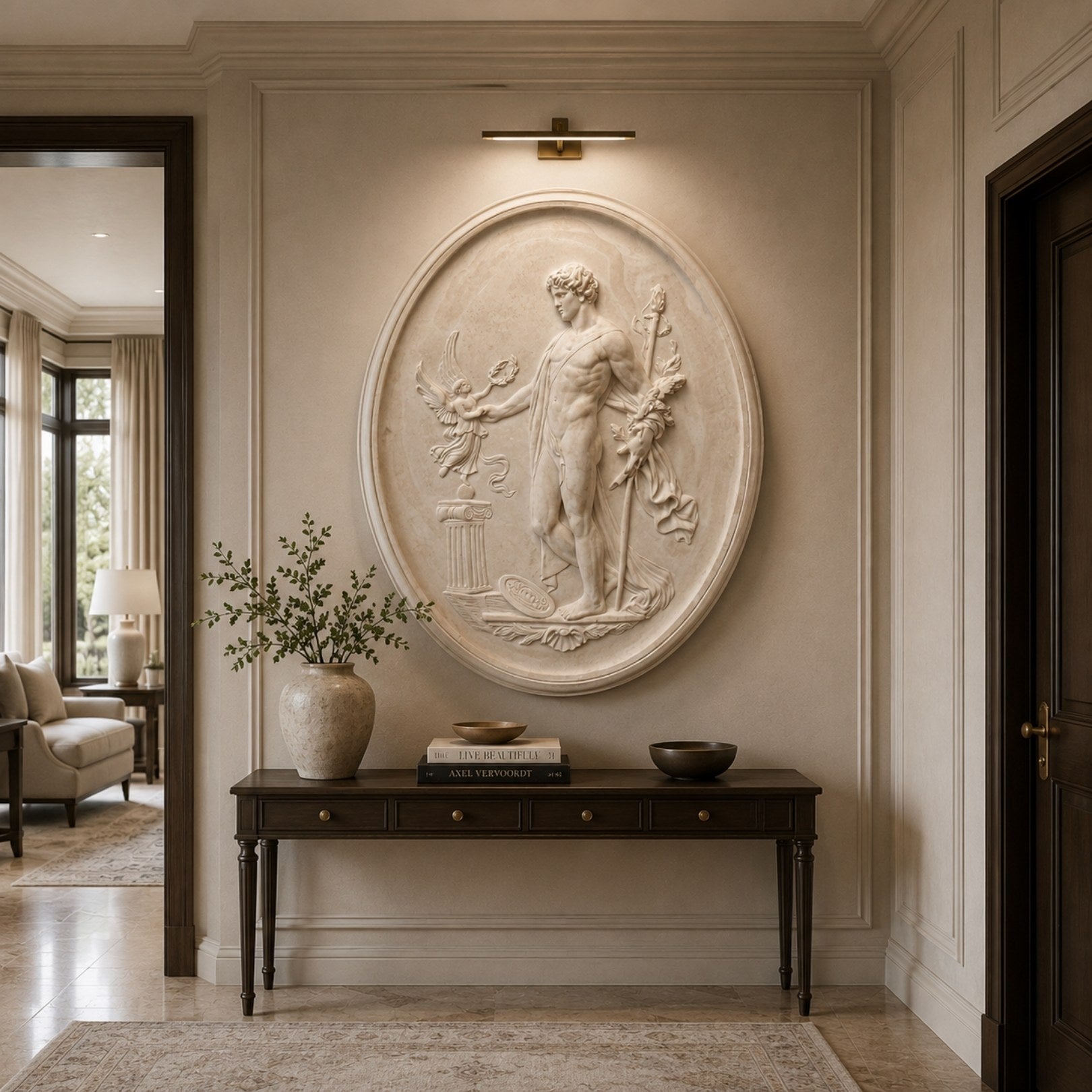 Marble oval figure relief shown wall-mounted above a console under a picture light