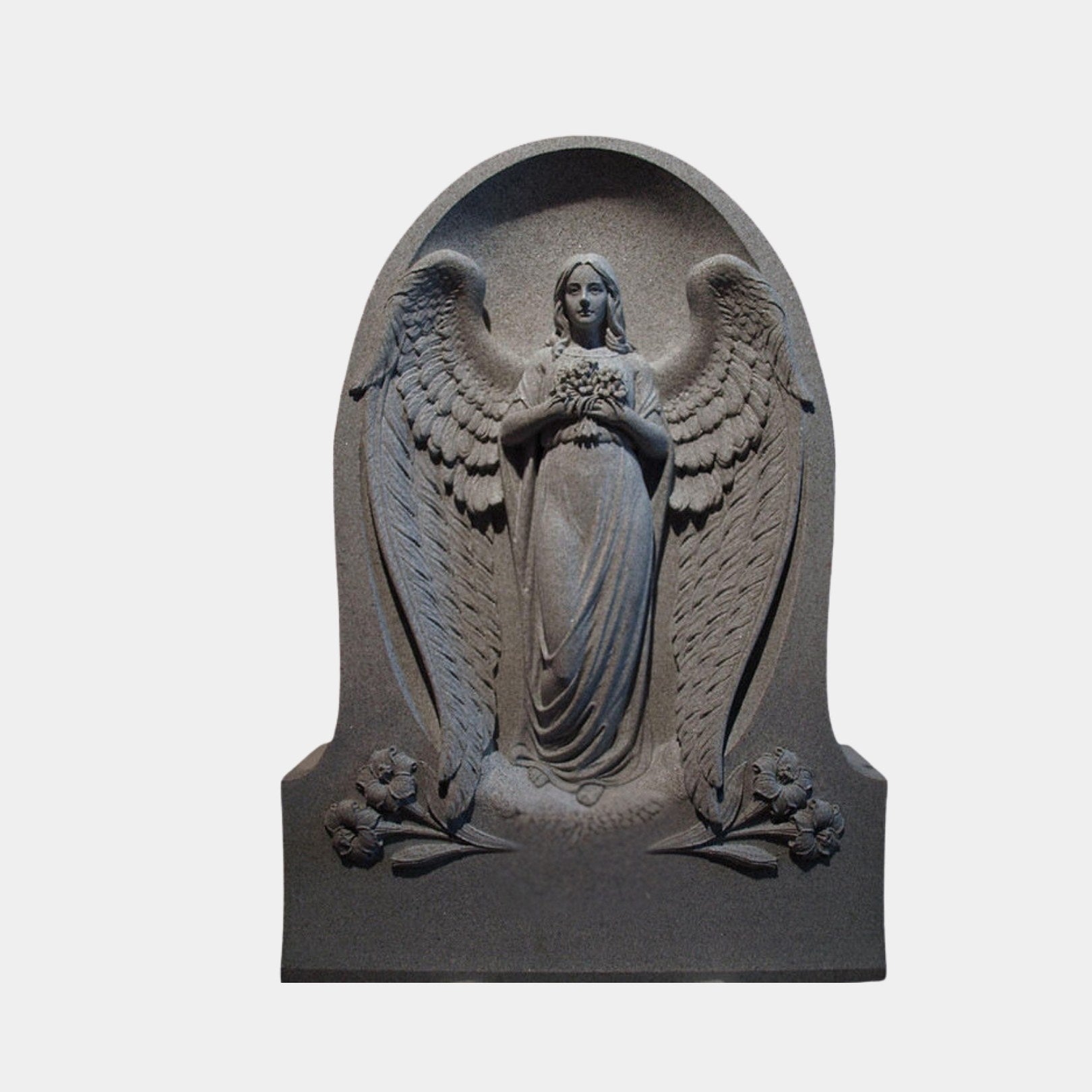 Grey granite headstone 150cm with a standing angel in a recessed arched niche