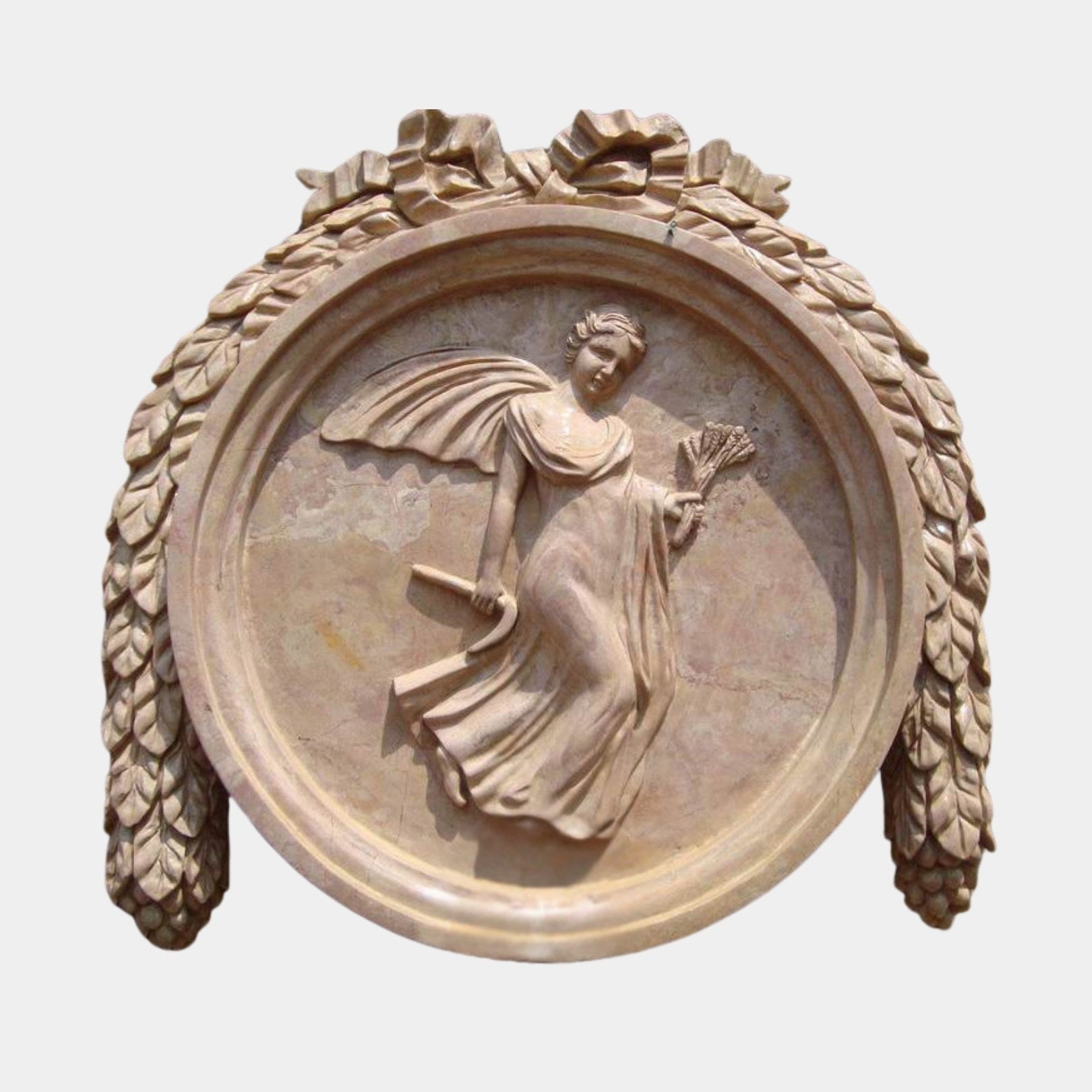 White marble roundel 100cm with a draped figure gathering flowers inside a laurel ring