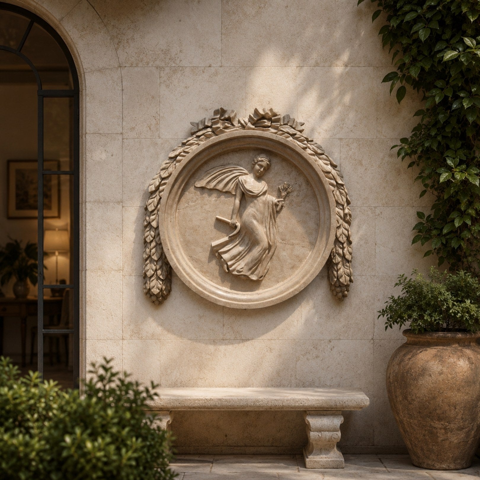 Marble flower gatherer roundel shown wall-mounted on an ashlar garden wall