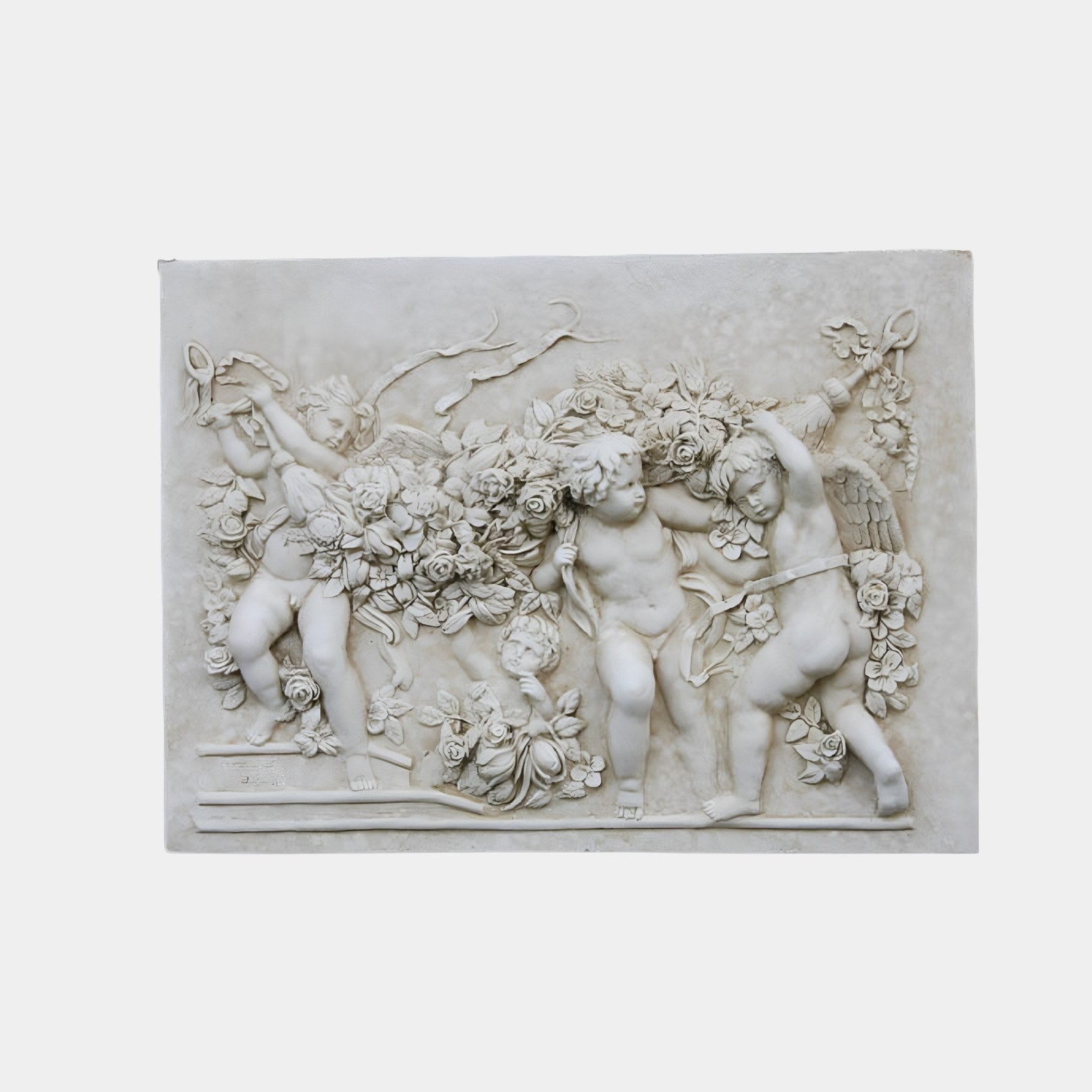 White marble relief panel 80cm with three winged putti carrying rose garlands