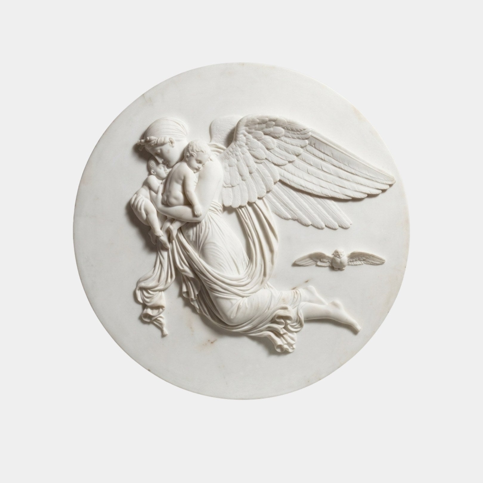 White marble roundel 80cm across with a winged figure carrying two sleeping children