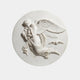 White marble roundel 80cm across with a winged figure carrying two sleeping children