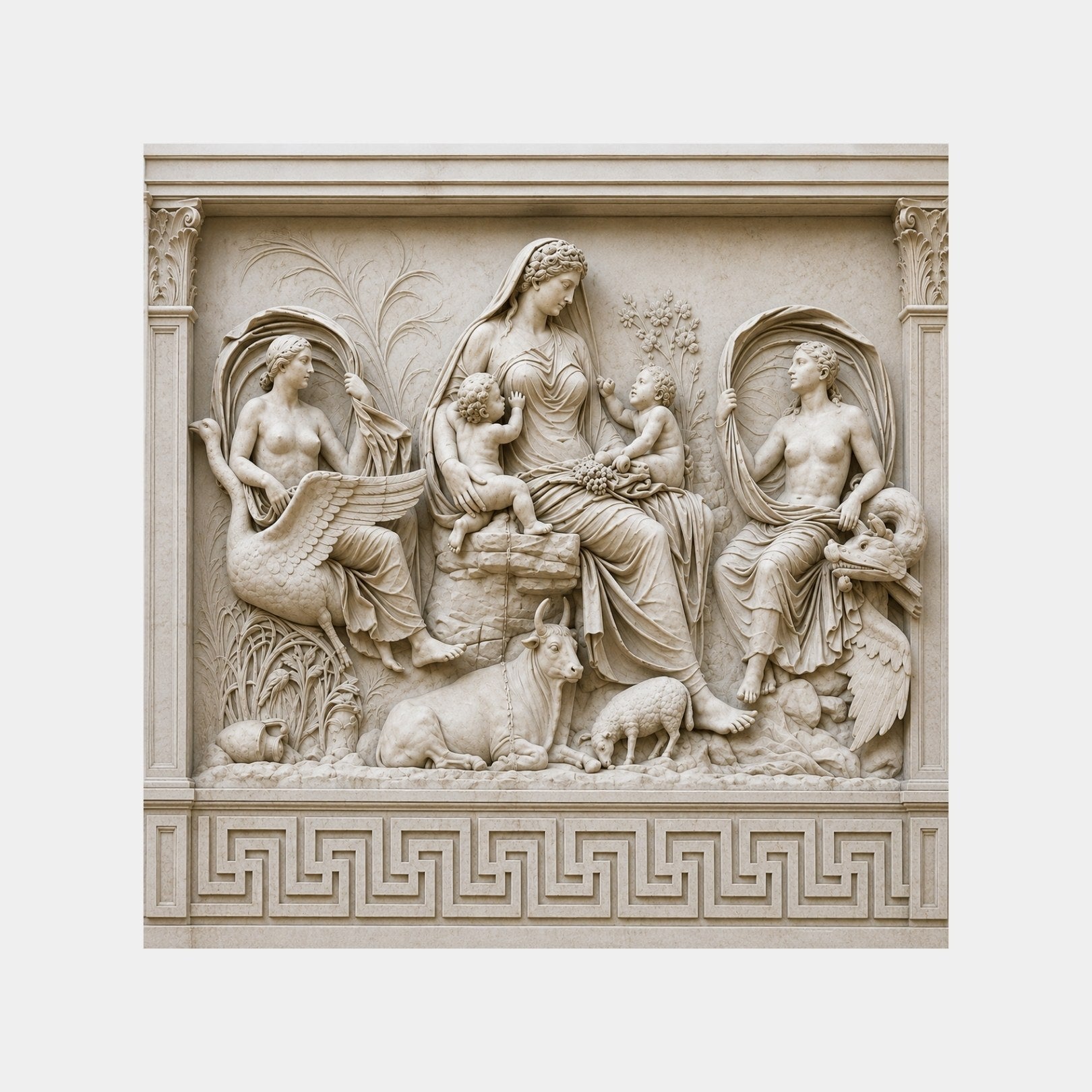 Cream marble relief panel 100cm with a seated draped mother, two infants and attendants