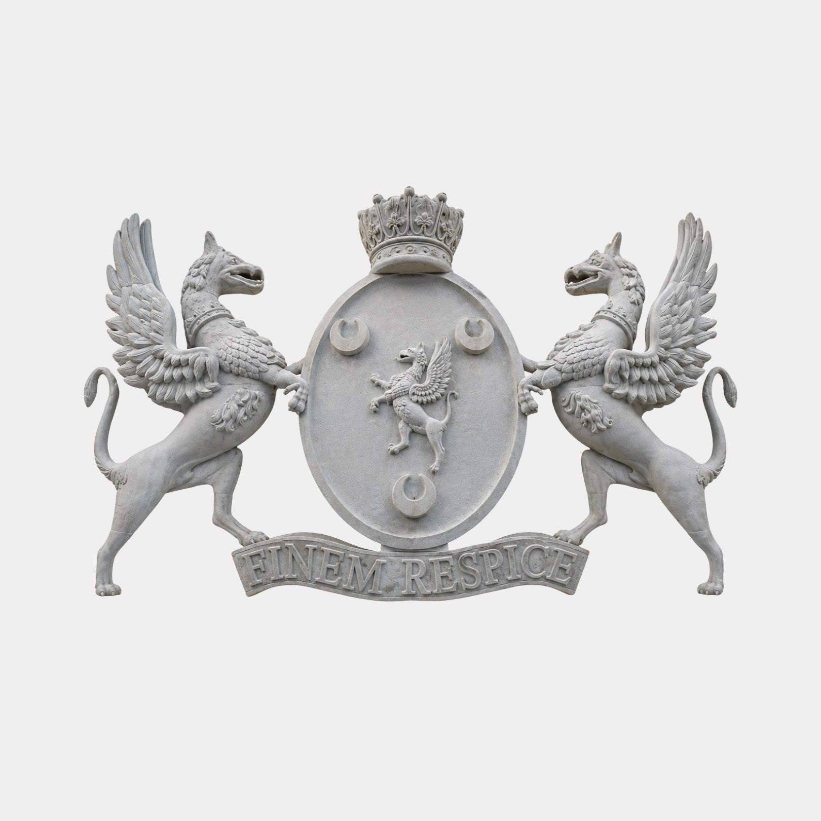 White marble carved cartouche 120cm wide with two winged supporters and a crest