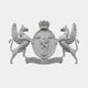 White marble carved cartouche 120cm wide with two winged supporters and a crest