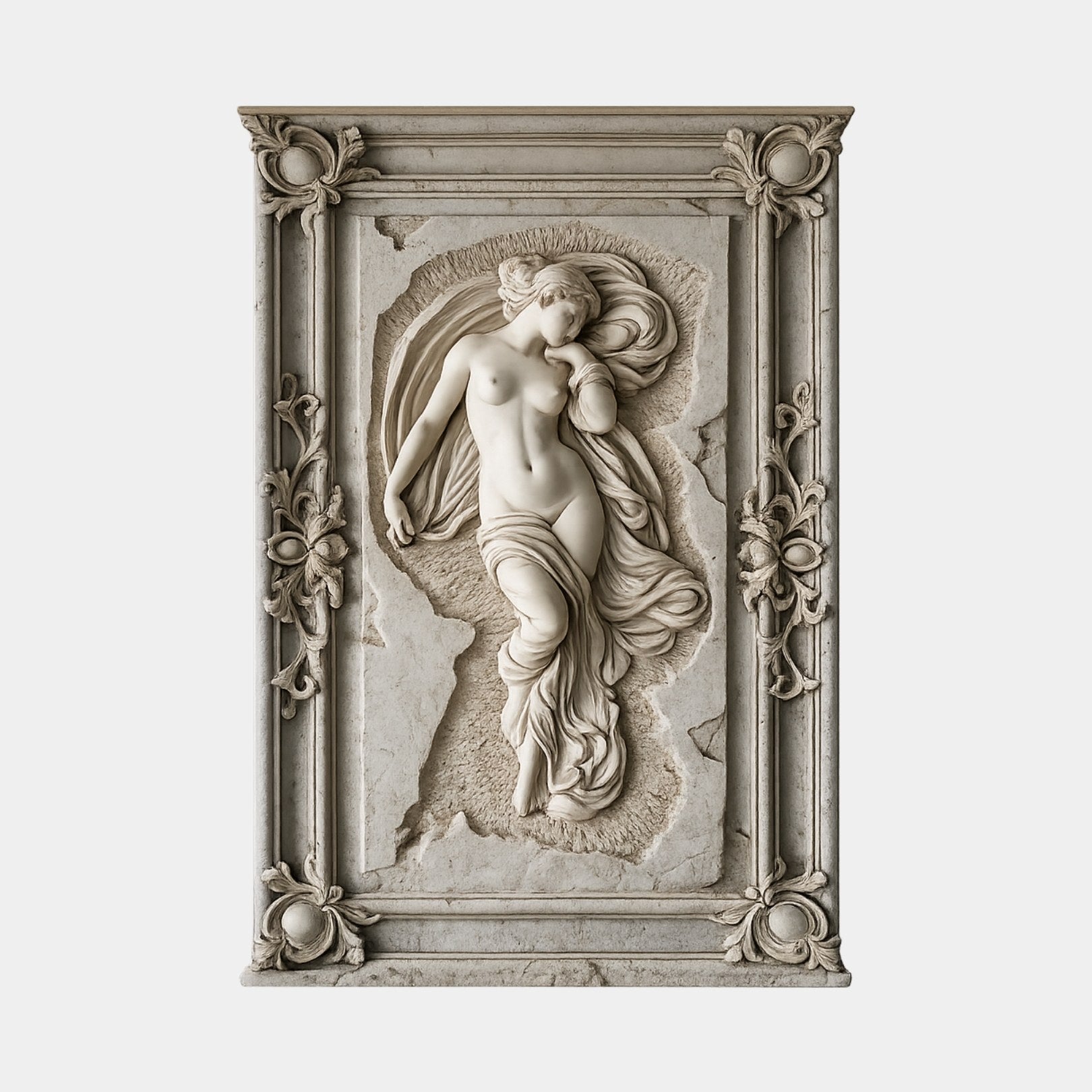Cream marble relief 200cm with a female nude emerging from a rough-picked recess