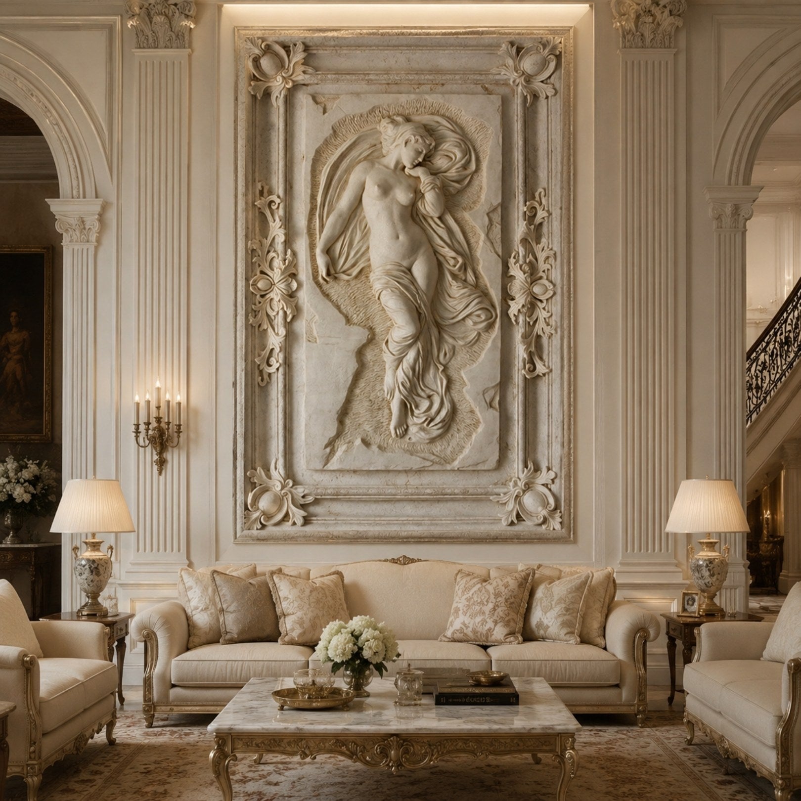 Nude emerging from a recess marble relief shown in a tall stair hall