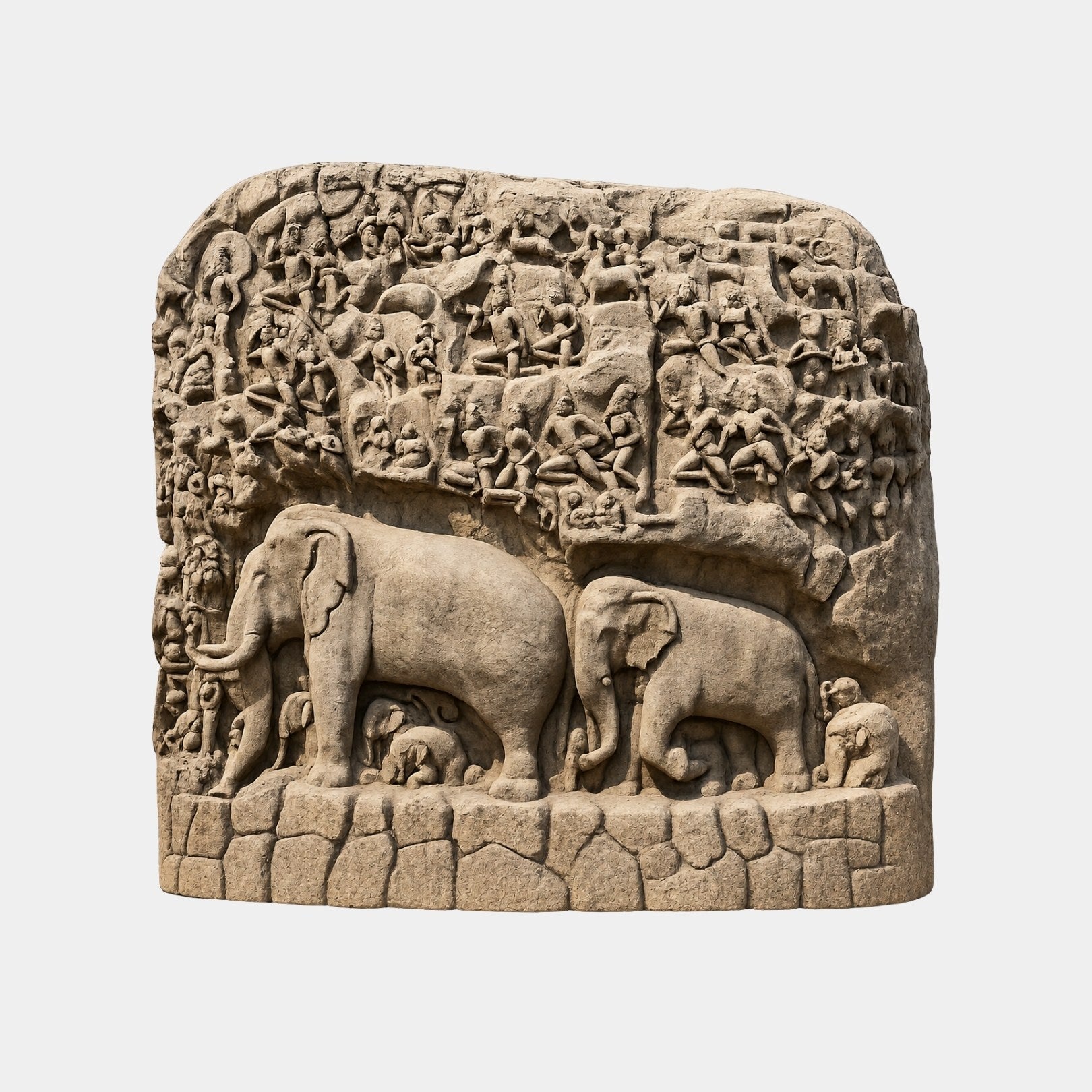 Beige carved stone monument 150cm wide with elephants below dense figure registers