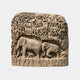 Beige carved stone monument 150cm wide with elephants below dense figure registers